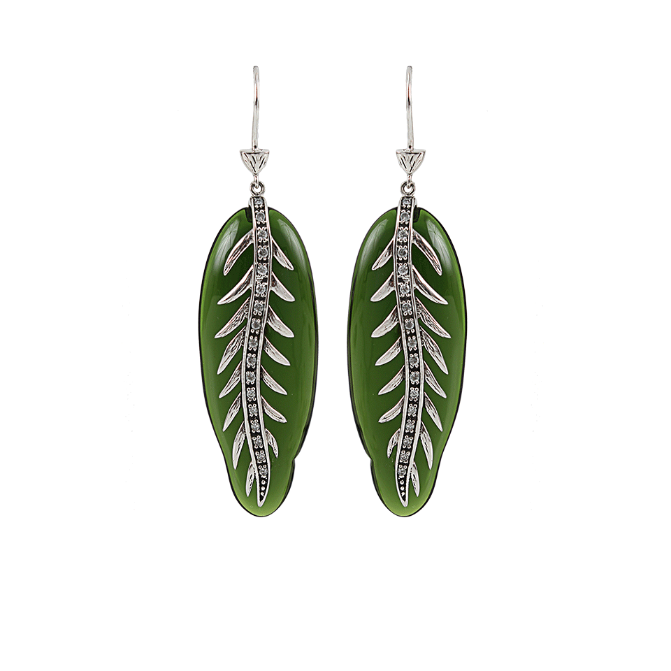 MIRIAM SALAT-Long Feather Cubic Zirconia Detail Resin Earrings-SS/GREEN
