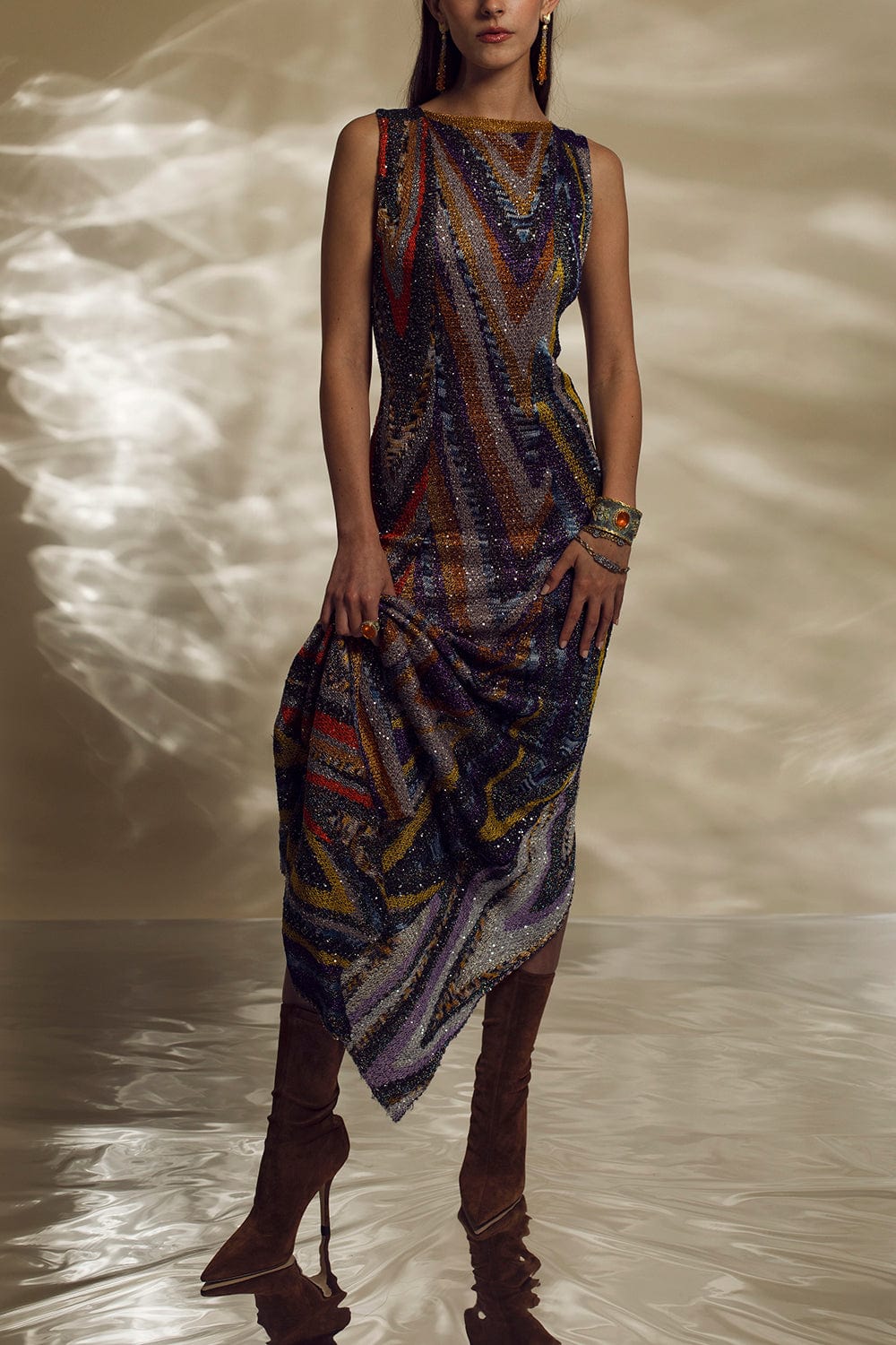 MISSONI-Sleeveless Lamé Zig Zag Maxi Dress-