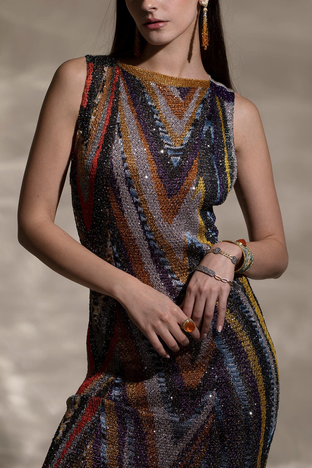 MISSONI-Sleeveless Lamé Zig Zag Maxi Dress-
