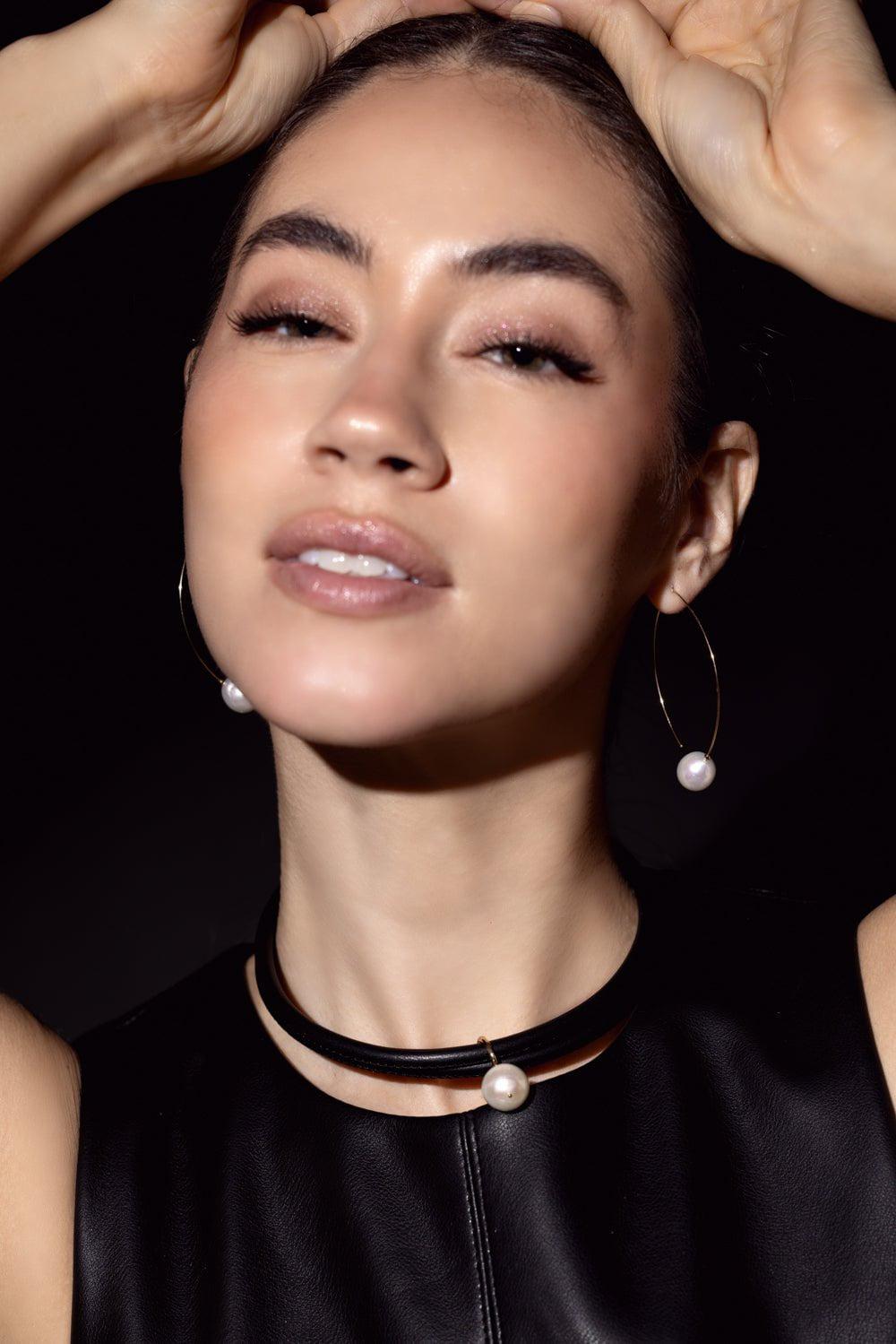 MIZUKI-Black Leather Pearl Choker Necklace-BLACK