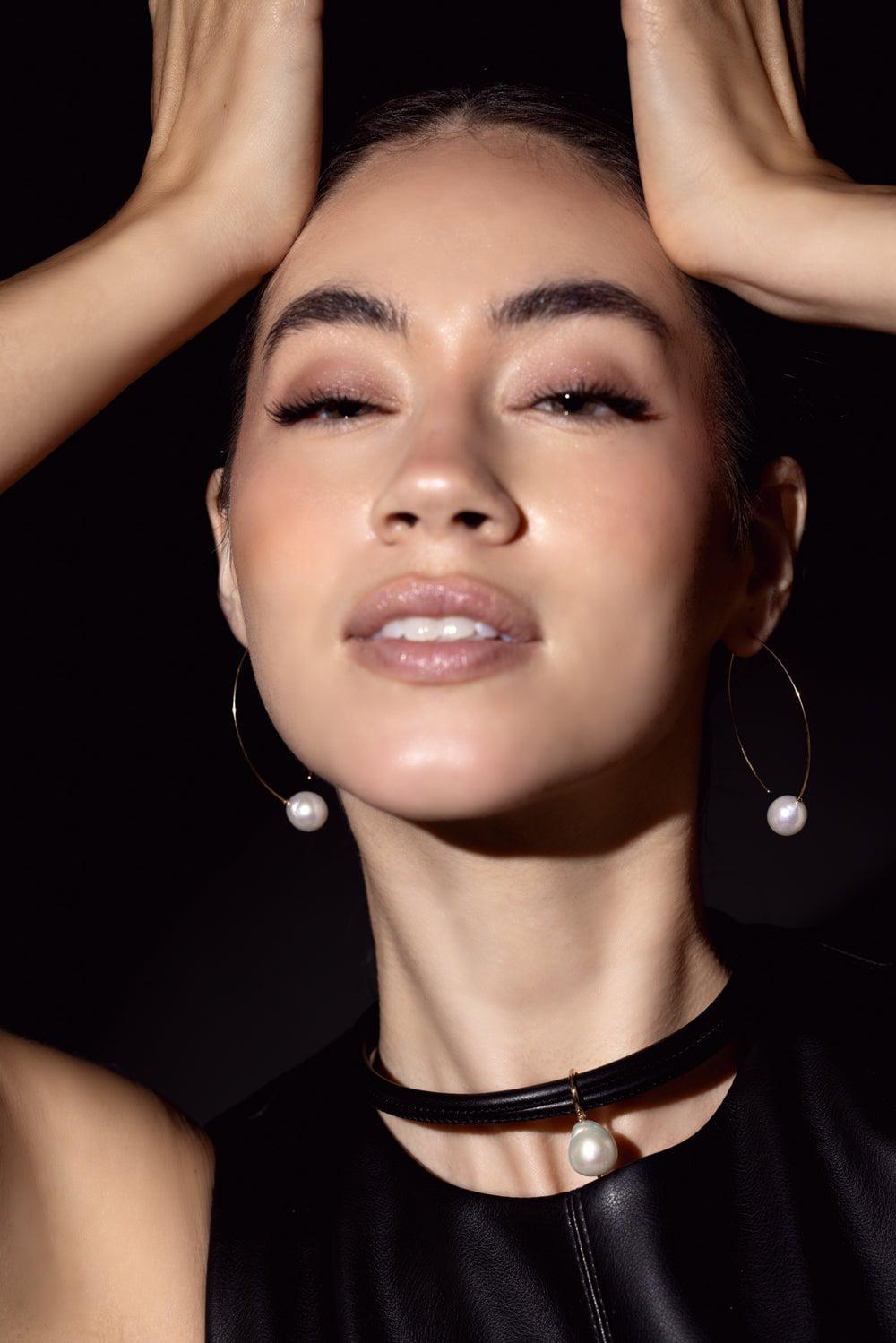 MIZUKI-Black Leather Pearl Choker Necklace-BLACK