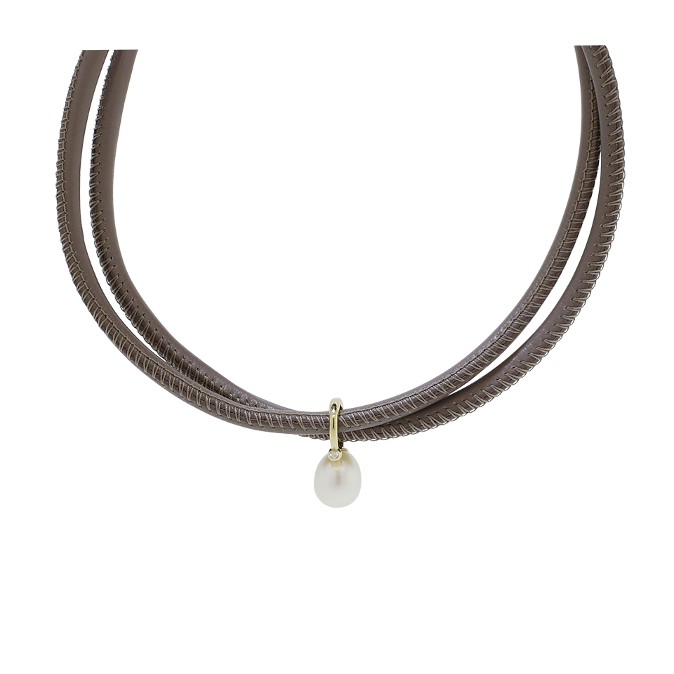 MIZUKI-Pearl Leather Wrap Bracelet/Choker With Diamond Ring-YELLOW GOLD