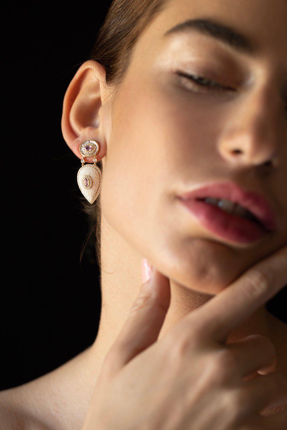  MOKSH-Bombay Keshi Pearl and Pink Sapphire Earrings-YELLOW GOLD 