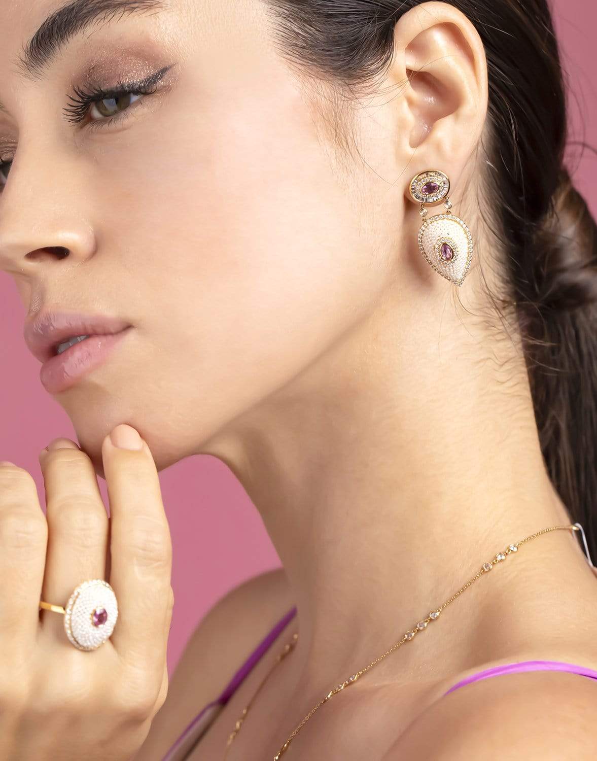  MOKSH-Bombay Keshi Pearl and Pink Sapphire Earrings-YELLOW GOLD 