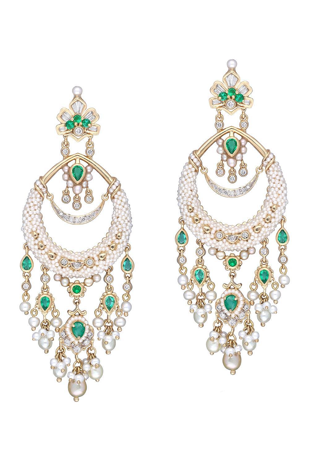 Pearl Diamond Taantvi Chandelier Earrings-YELLOW GOLD-JEWELRYFINE JEWELEARRING-MOKSH