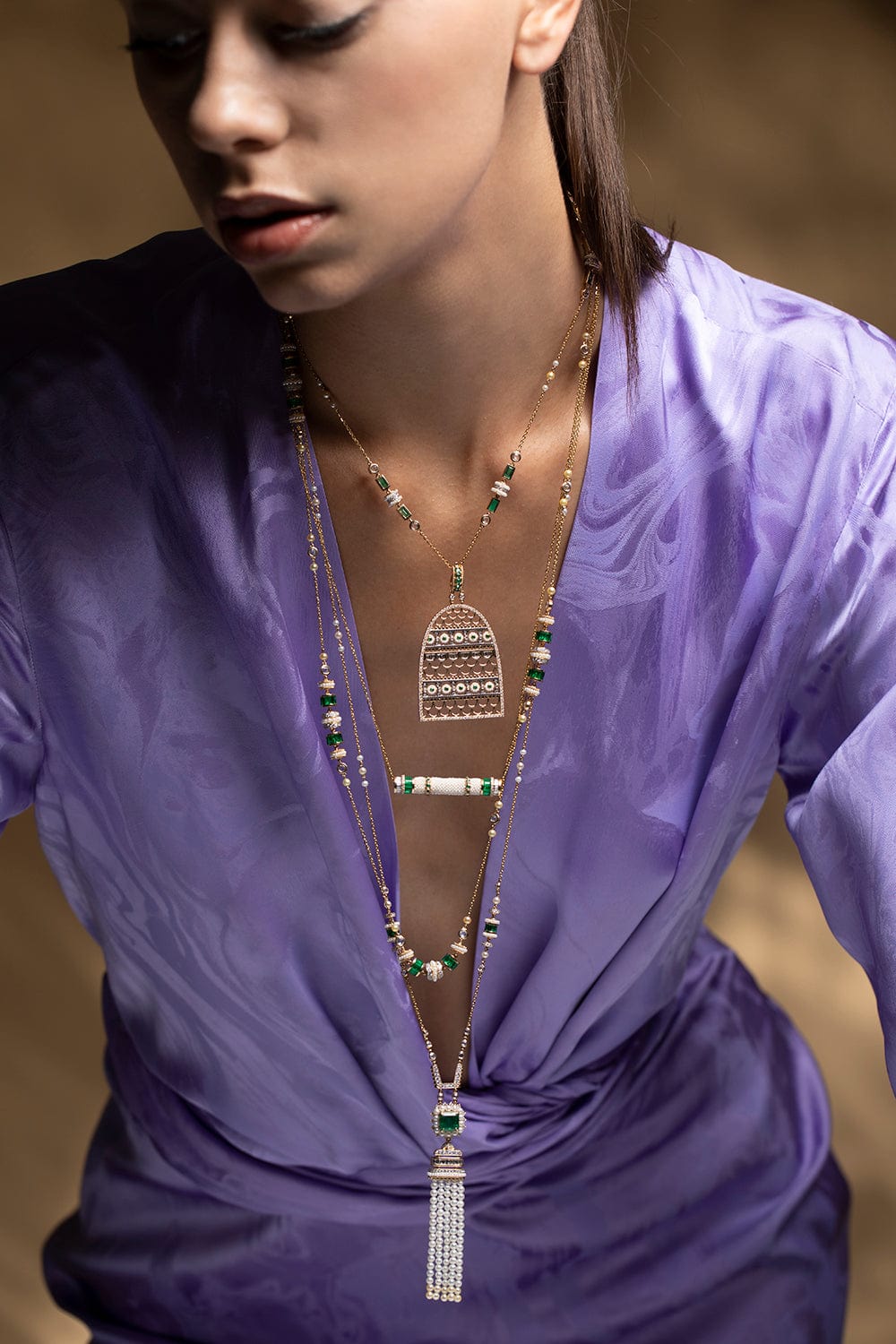 MOKSH-Kyoto Emerald and Pearl Tassel Necklace-YELLOW GOLD