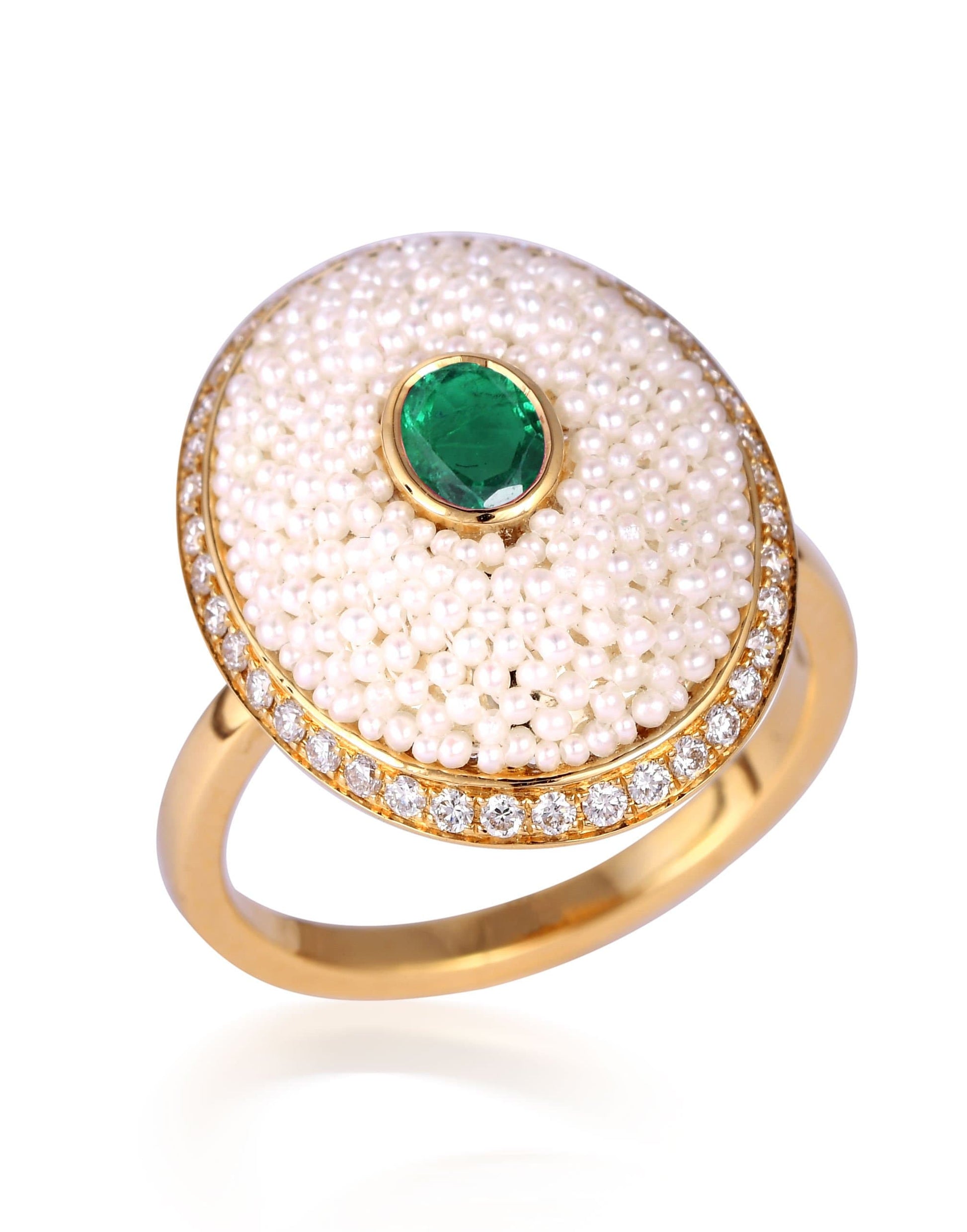 MOKSH-Bombay Keshi Pearl and Emerald Ring-YELLOW GOLD