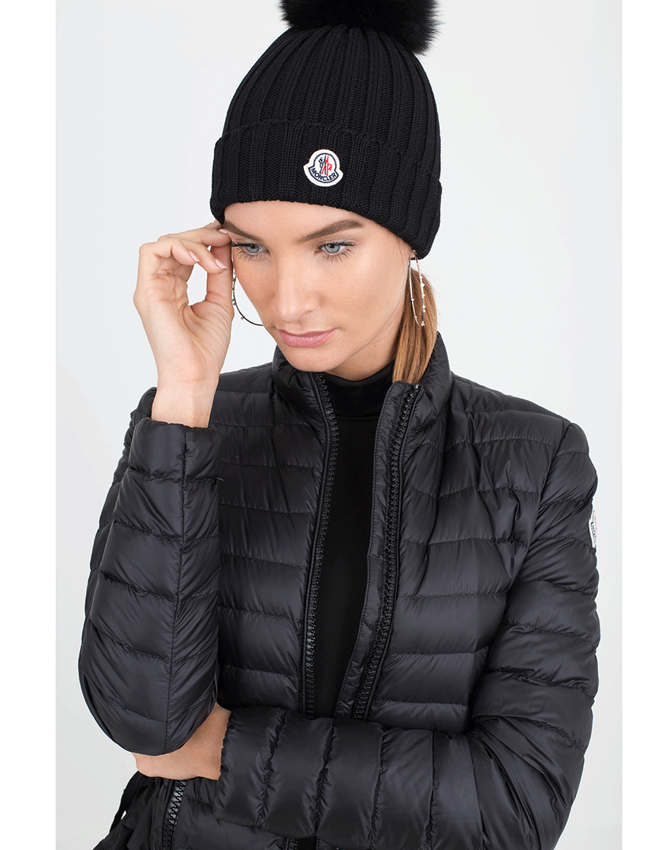 MONCLER-Pom Pom Ribbed Knit Beanie-BLACK