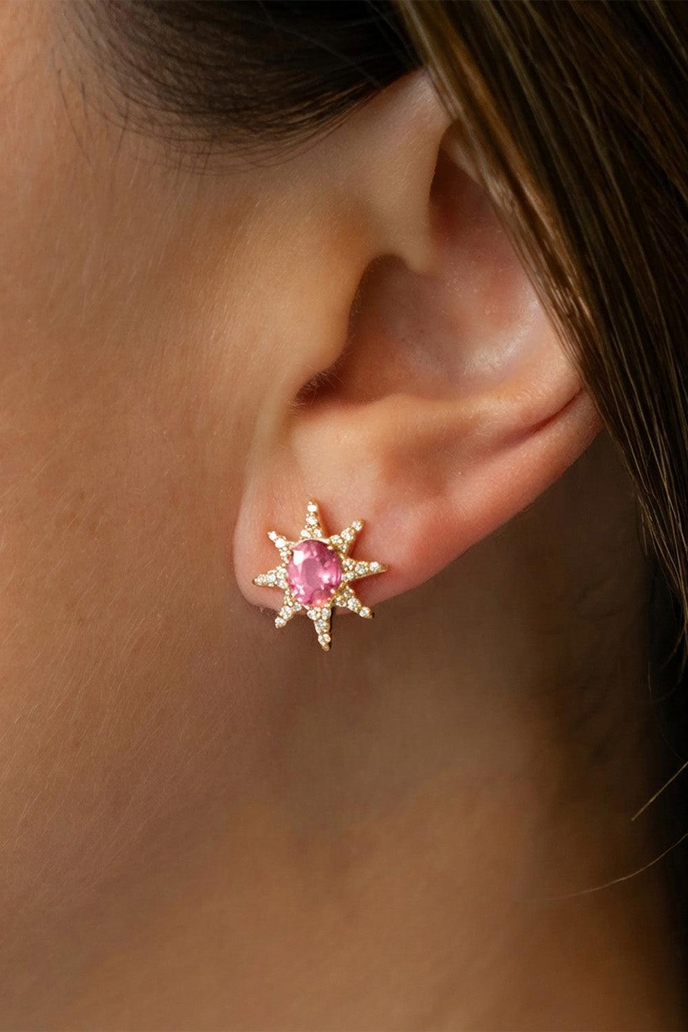 Pink Spinel Star Moon Earrings-YELLOW GOLD-JEWELRYFINE JEWELEARRING-MONICA RICH KOSANN