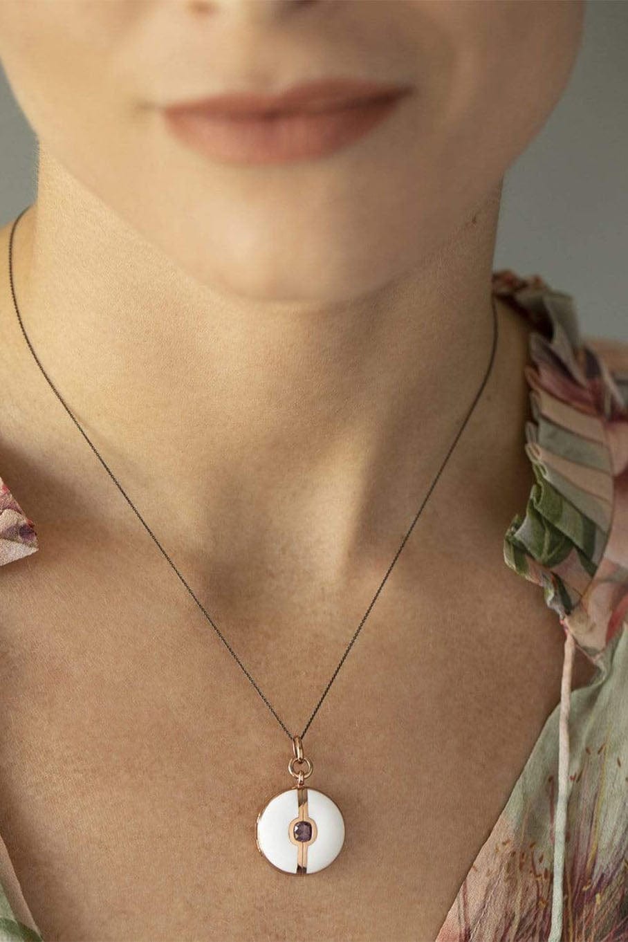 MONICA RICH KOSANN-White Enamel and Vermeil Round Locket with Pink Sapphire-ROSE GOLD