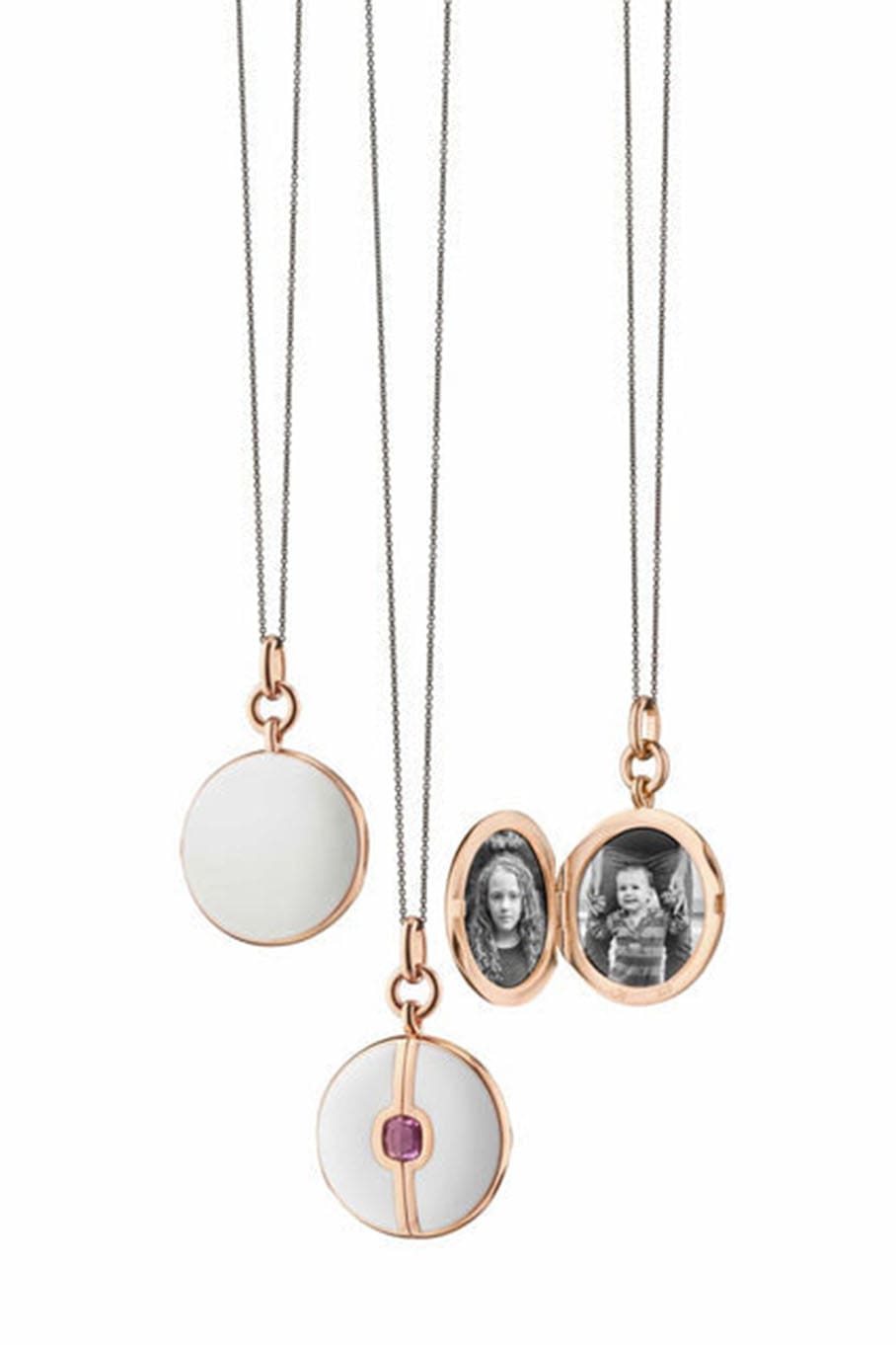 MONICA RICH KOSANN-White Enamel and Vermeil Round Locket with Pink Sapphire-ROSE GOLD