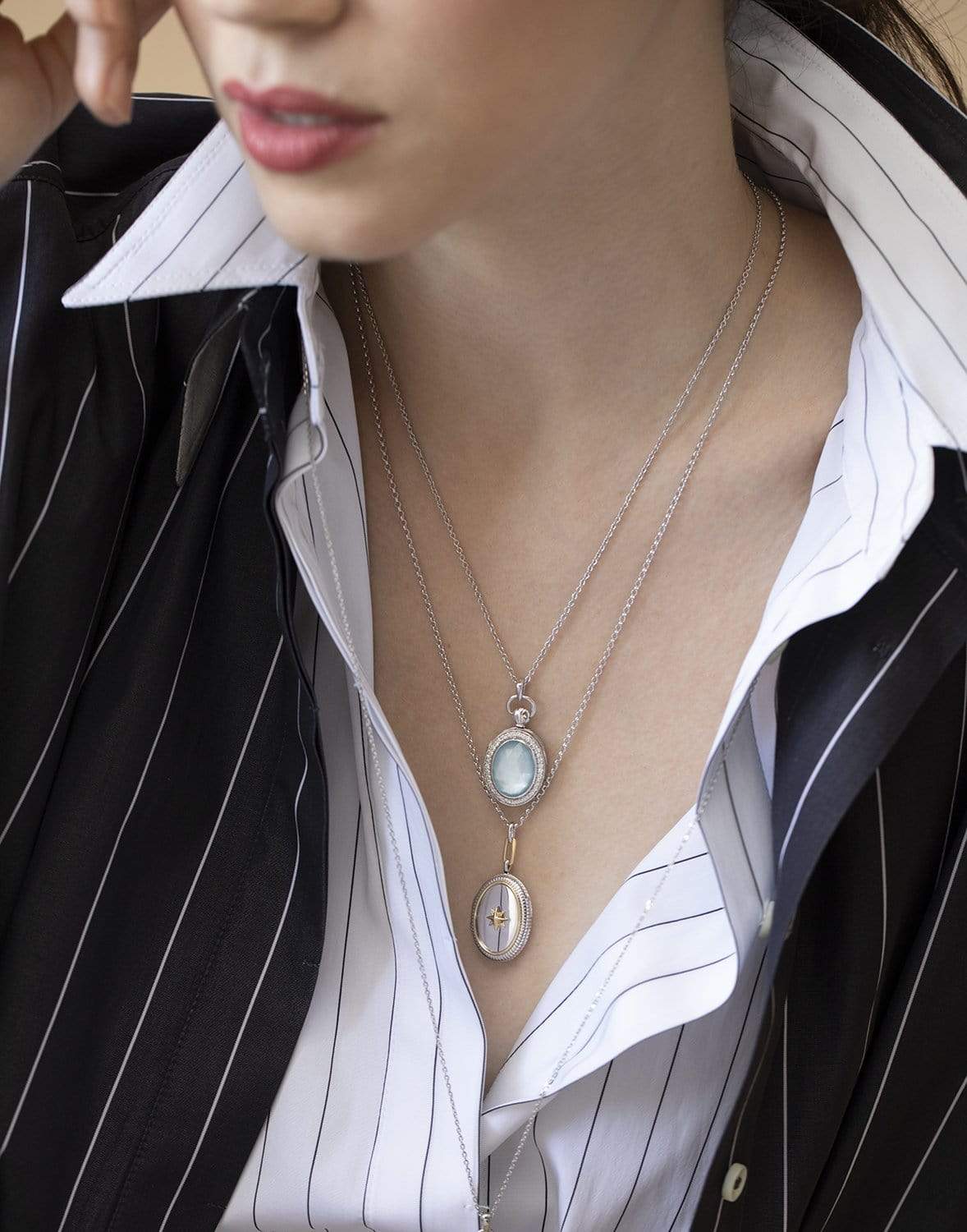 MONICA RICH KOSANN-Blue Topaz Mother of Pearl Petite Stone Locket-SILVER