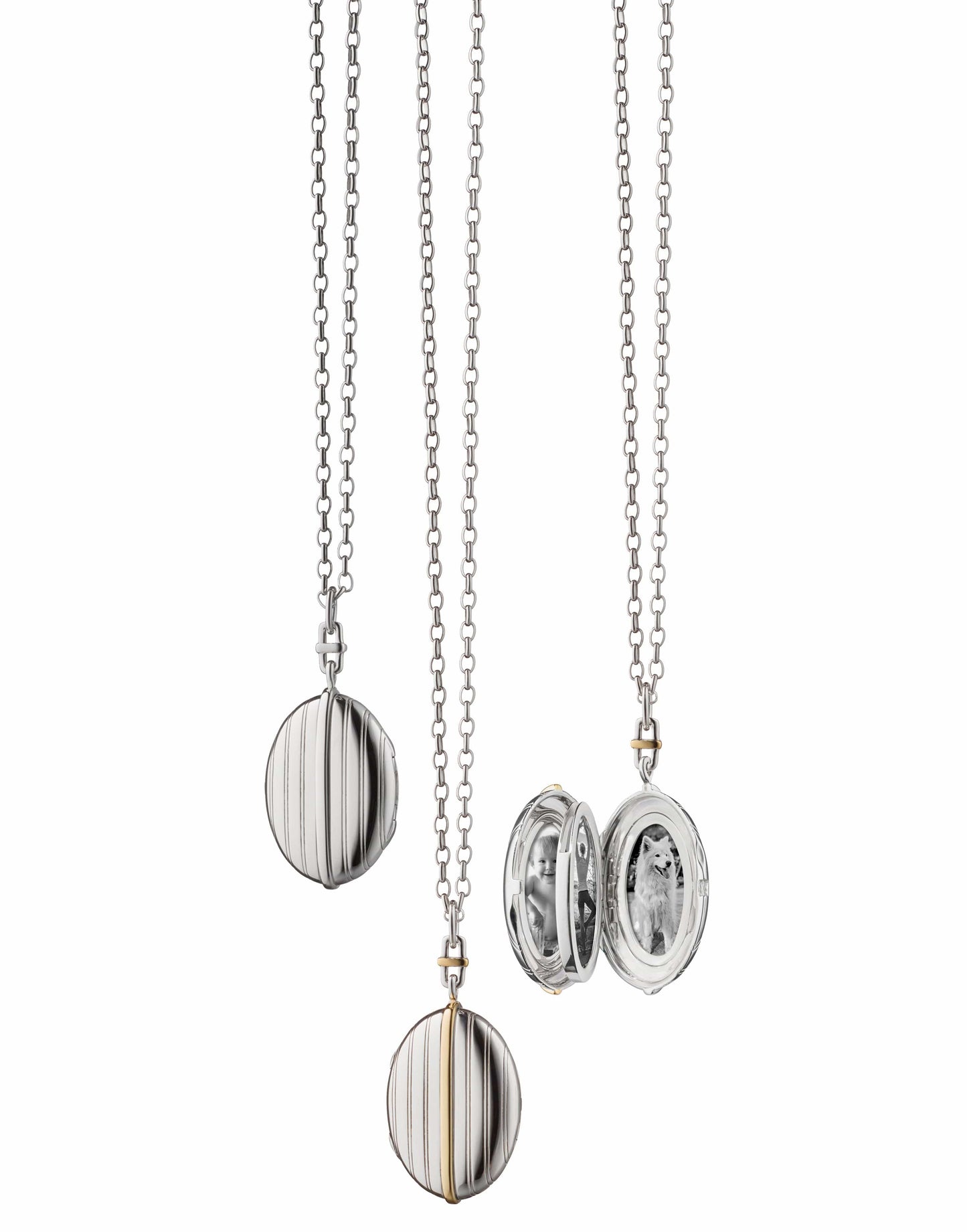 MONICA RICH KOSANN-Two-Tone Pinstripe Oval Locket Necklace-SILVER