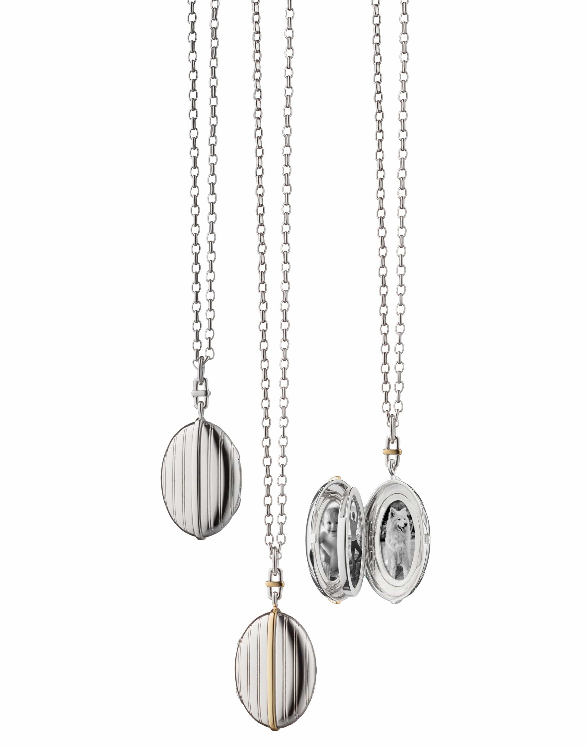 MONICA RICH KOSANN-Two-Tone Pinstripe Oval Locket Necklace-SILVER