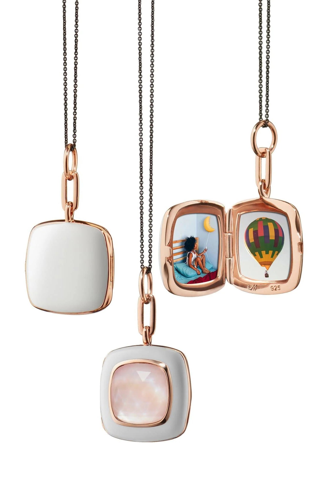 MONICA RICH KOSANN-White Enamel Vermeil Cushion Locket with Pink Mother of Pearl-SILVER