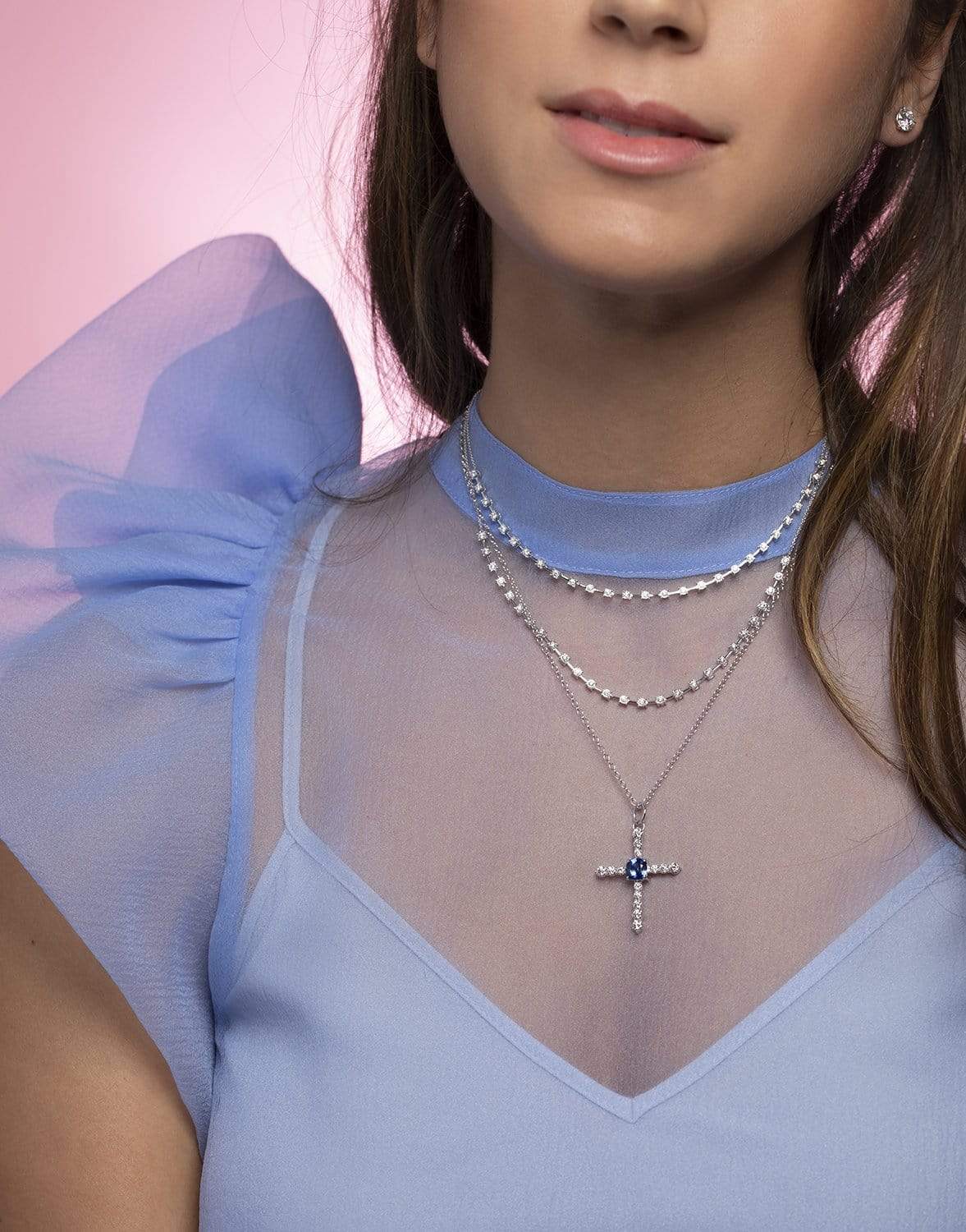 MONICA RICH KOSANN-Sapphire and Diamond Cross Charm Necklace-WHITE GOLD