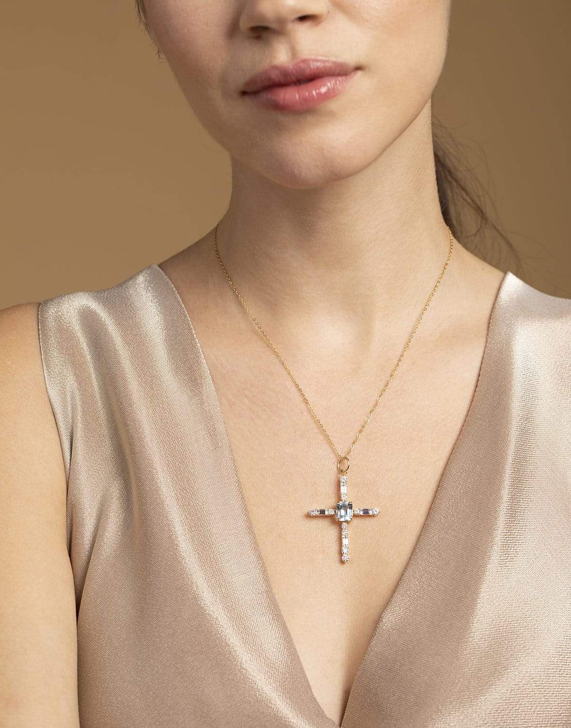MONICA RICH KOSANN-Aquamarine Cross Charm-YELLOW GOLD