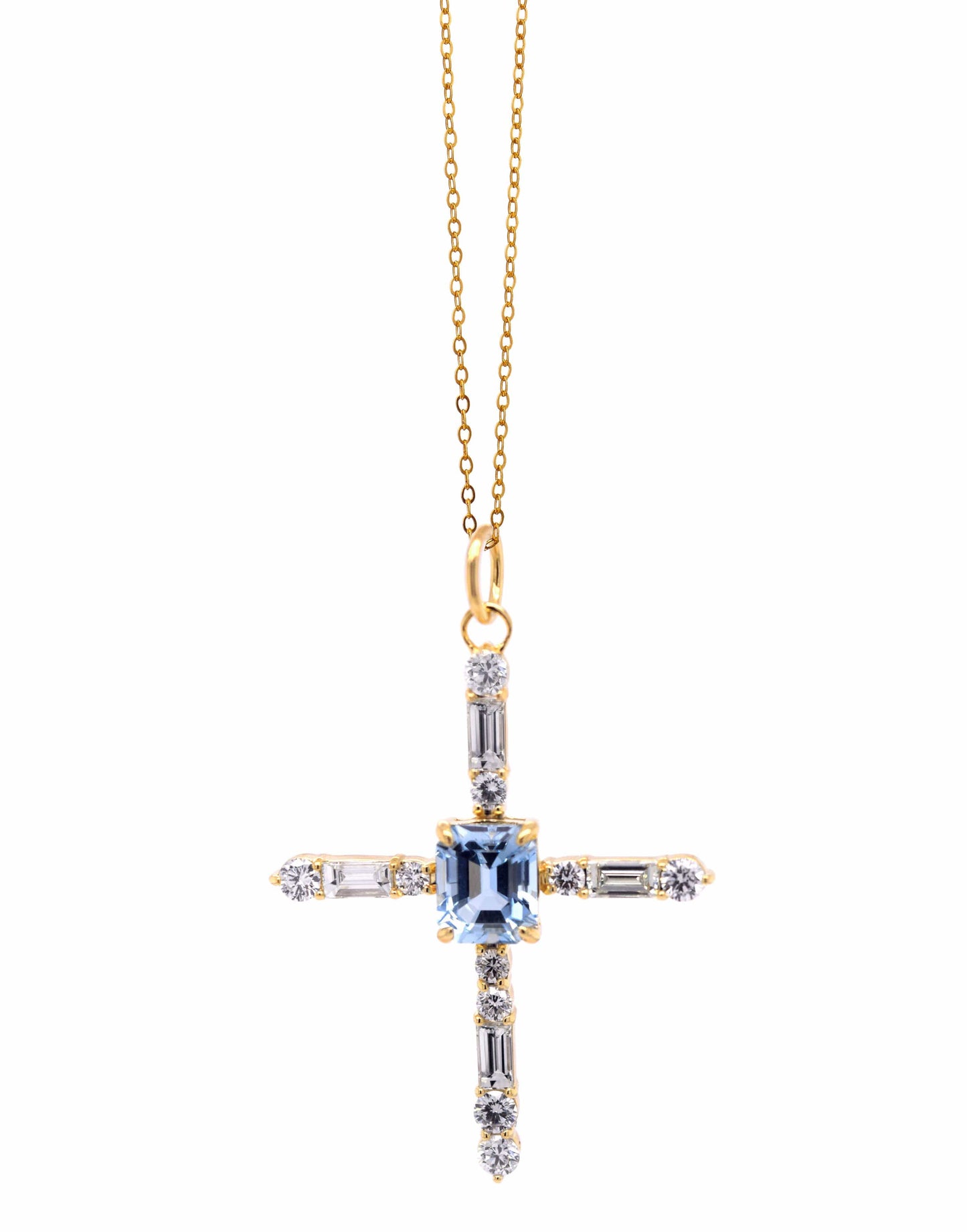MONICA RICH KOSANN-Aquamarine Cross Charm-YELLOW GOLD