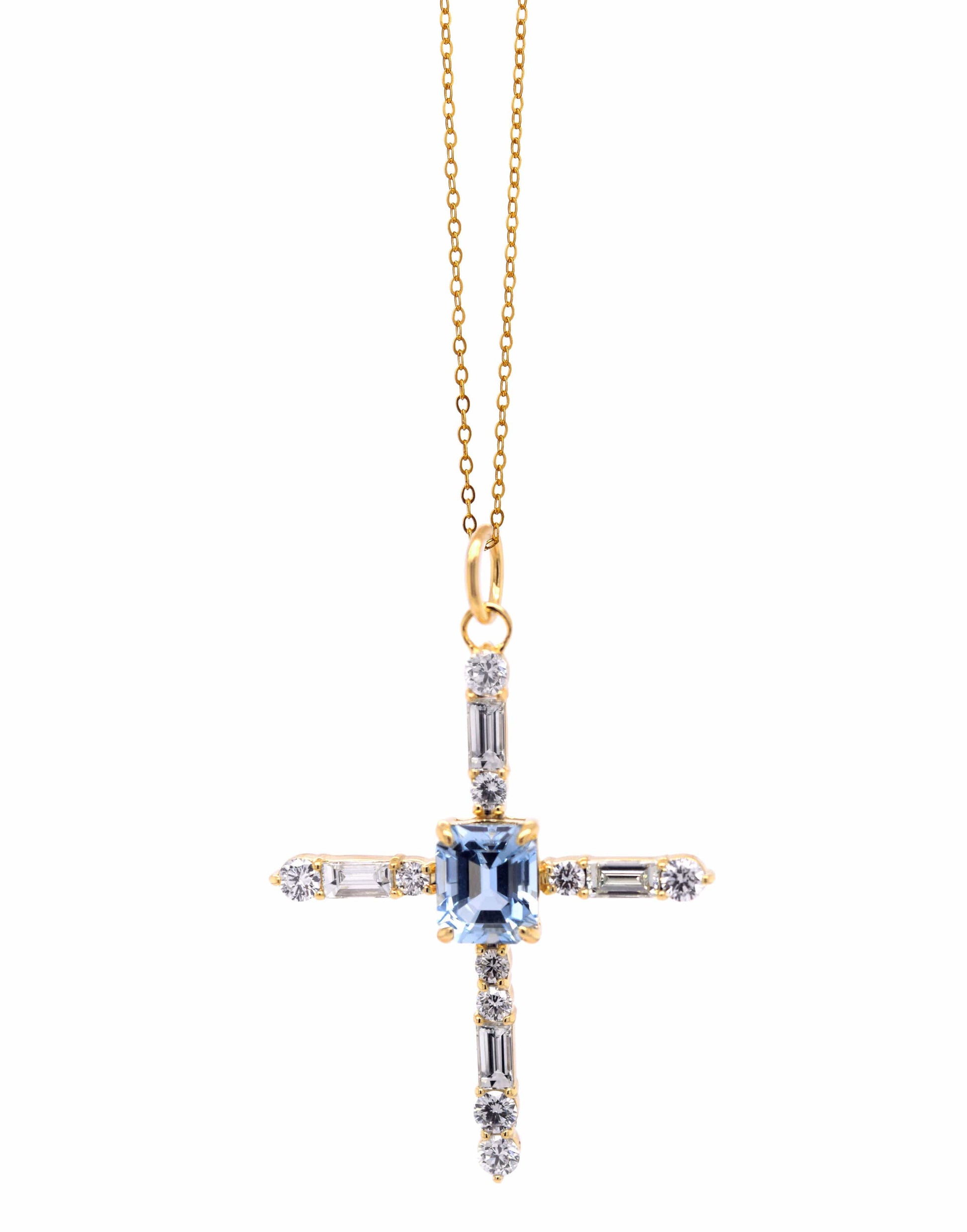 MONICA RICH KOSANN-Aquamarine Cross Charm-YELLOW GOLD