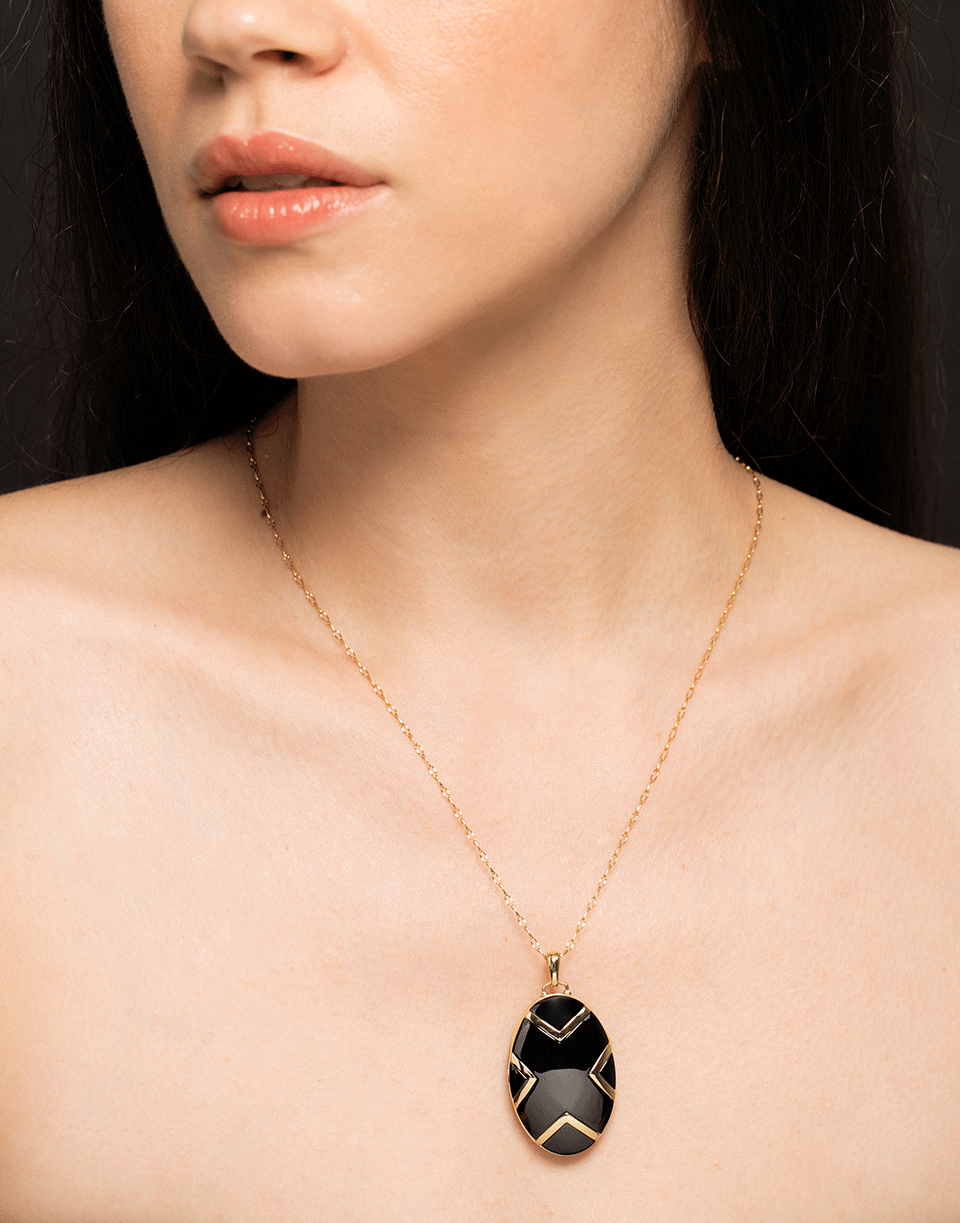 MONICA RICH KOSANN-Black Ceramic Chevron Locket Necklace-YELLOW GOLD