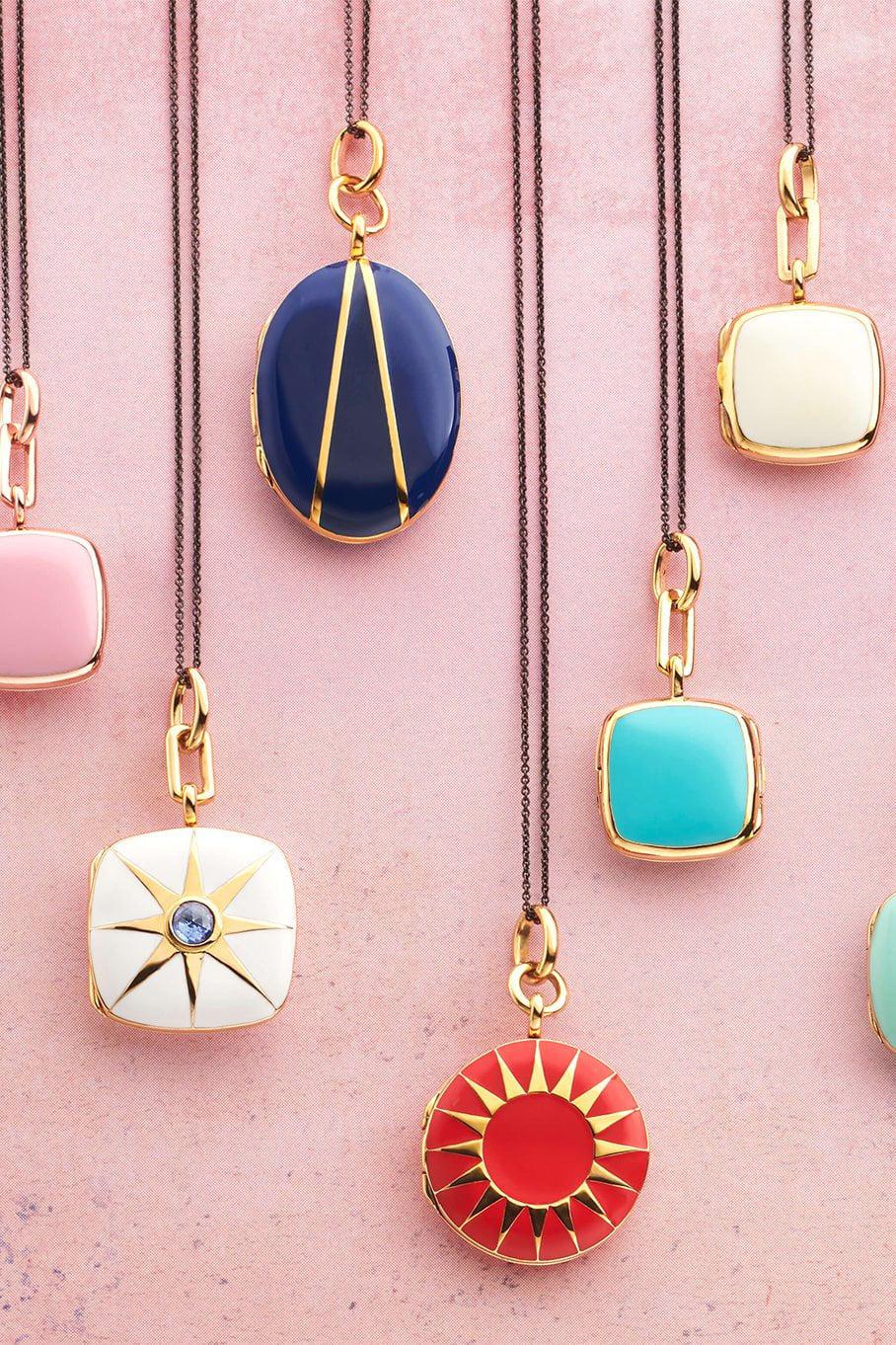 MONICA RICH KOSANN-Blue Enamel Vermeil Oval Locket Necklace-YELLOW GOLD