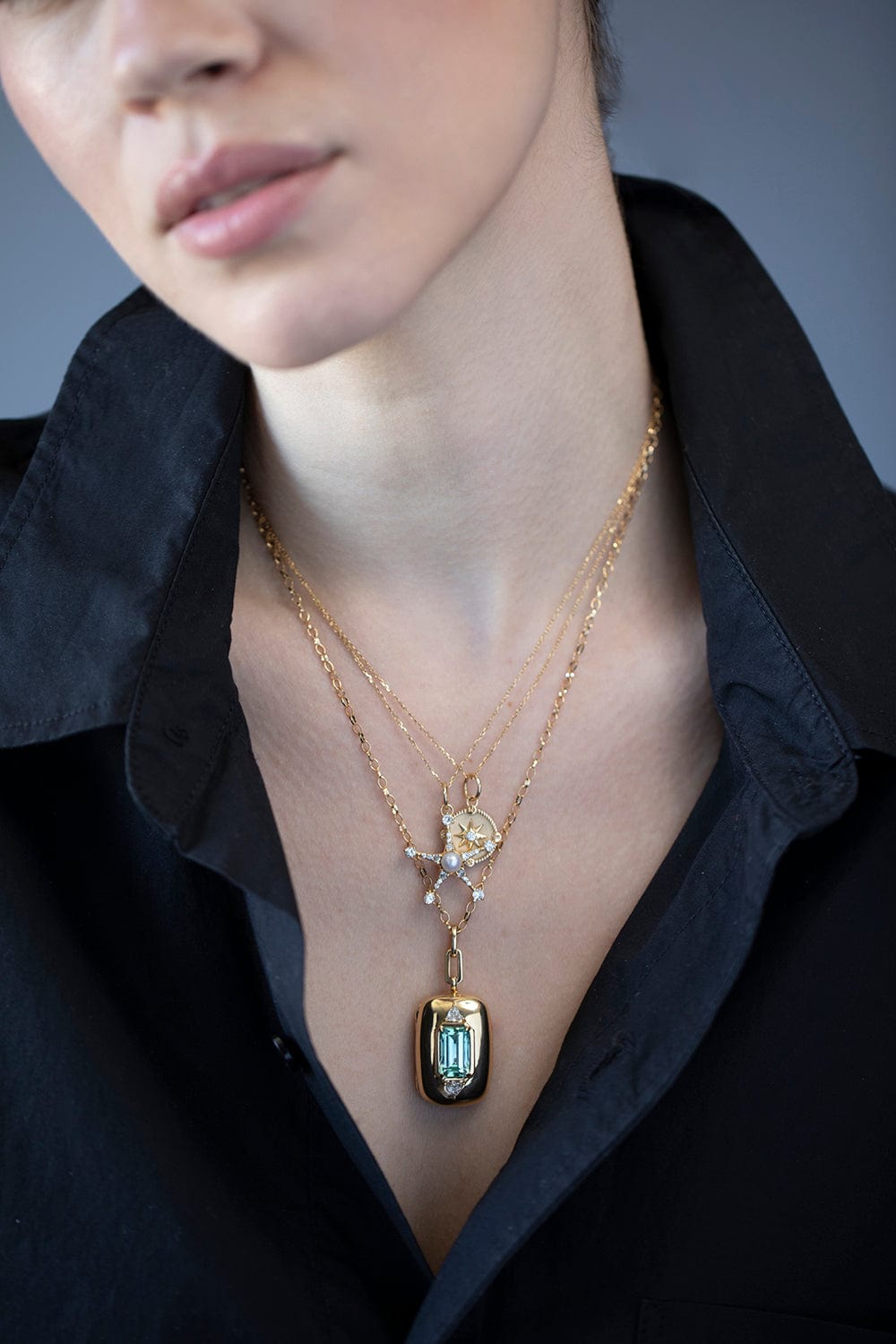 MONICA RICH KOSANN-Mint Tourmaline and Trillion Cut Diamond Locket-YELLOW GOLD