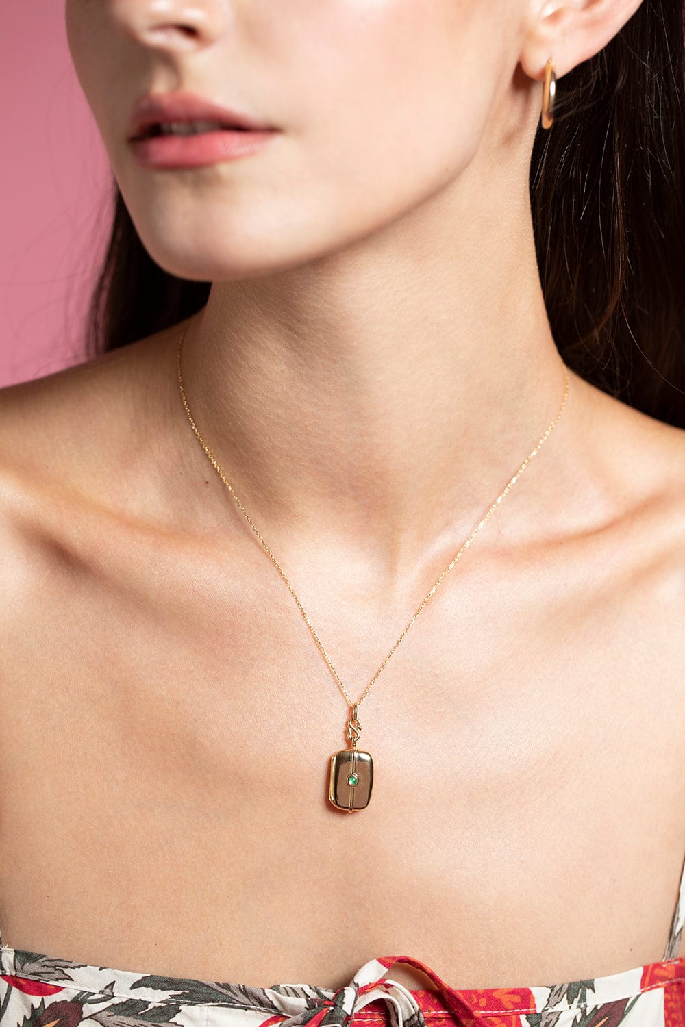 MONICA RICH KOSANN-Slim Skye Emerald Locket Necklace-YELLOW GOLD