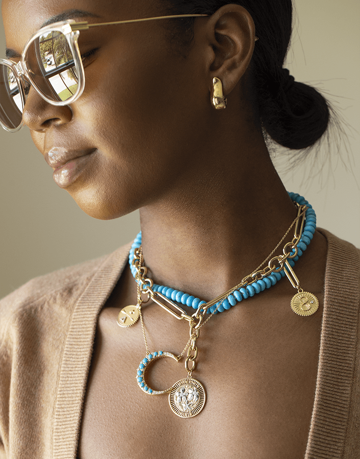 MONICA RICH KOSANN-Turquoise Diamond Crescent Moon Necklace-YELLOW GOLD