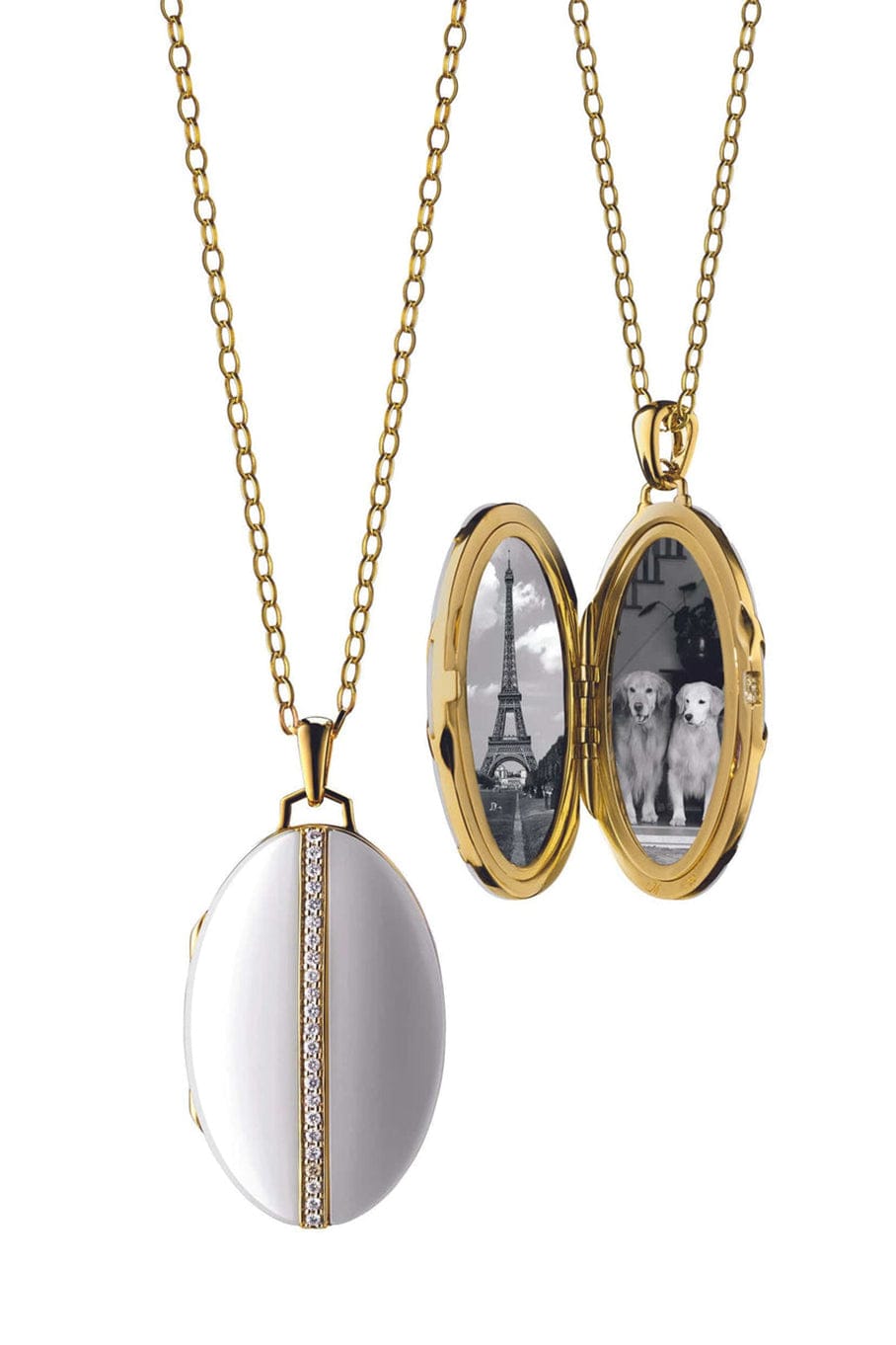 MONICA RICH KOSANN-White Ceramic and Diamond Stripe Locket Necklace-YELLOW GOLD