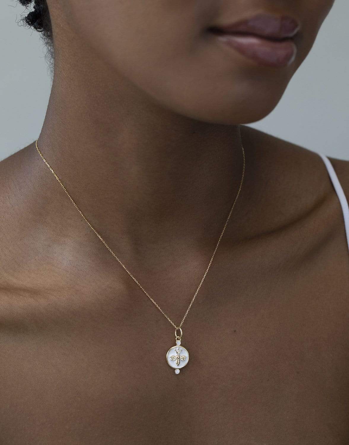 MONICA RICH KOSANN-White Enamel and Diamond Queen Bee Charm Necklace-YELLOW GOLD