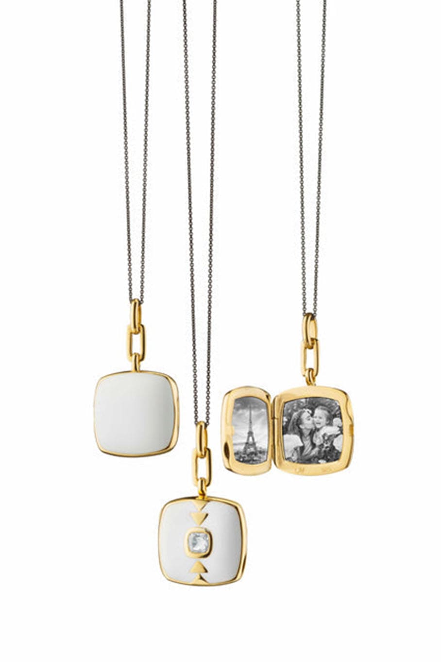 MONICA RICH KOSANN-White Enamel Vermeil Cushion Locket with White Sapphire-YELLOW GOLD