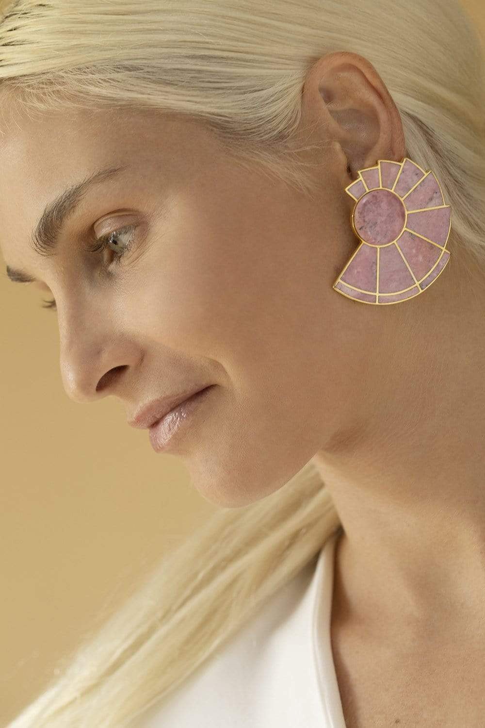 MONICA SORDO-Pink Rhodonite Nautilus Ear-Fans-YELLOW GOLD