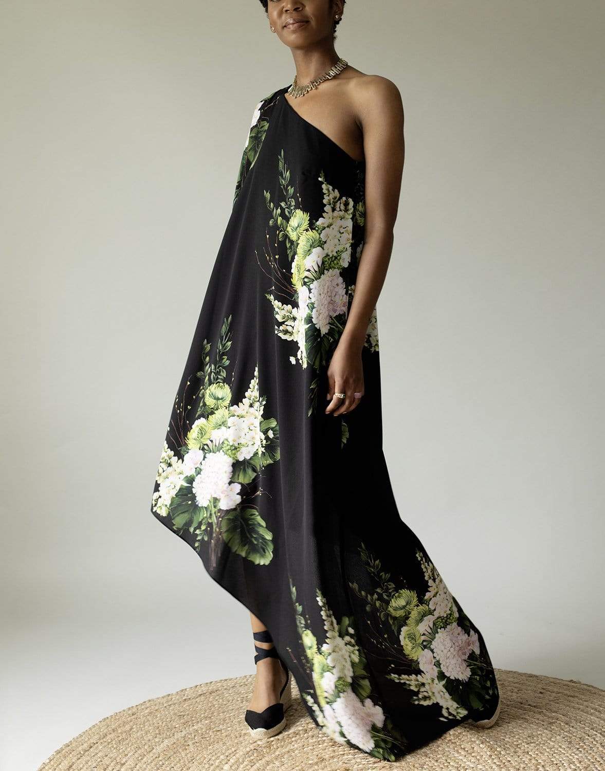 MONIQUE LHUILLIER-One Shoulder Asymmetrical Hem Caftan-