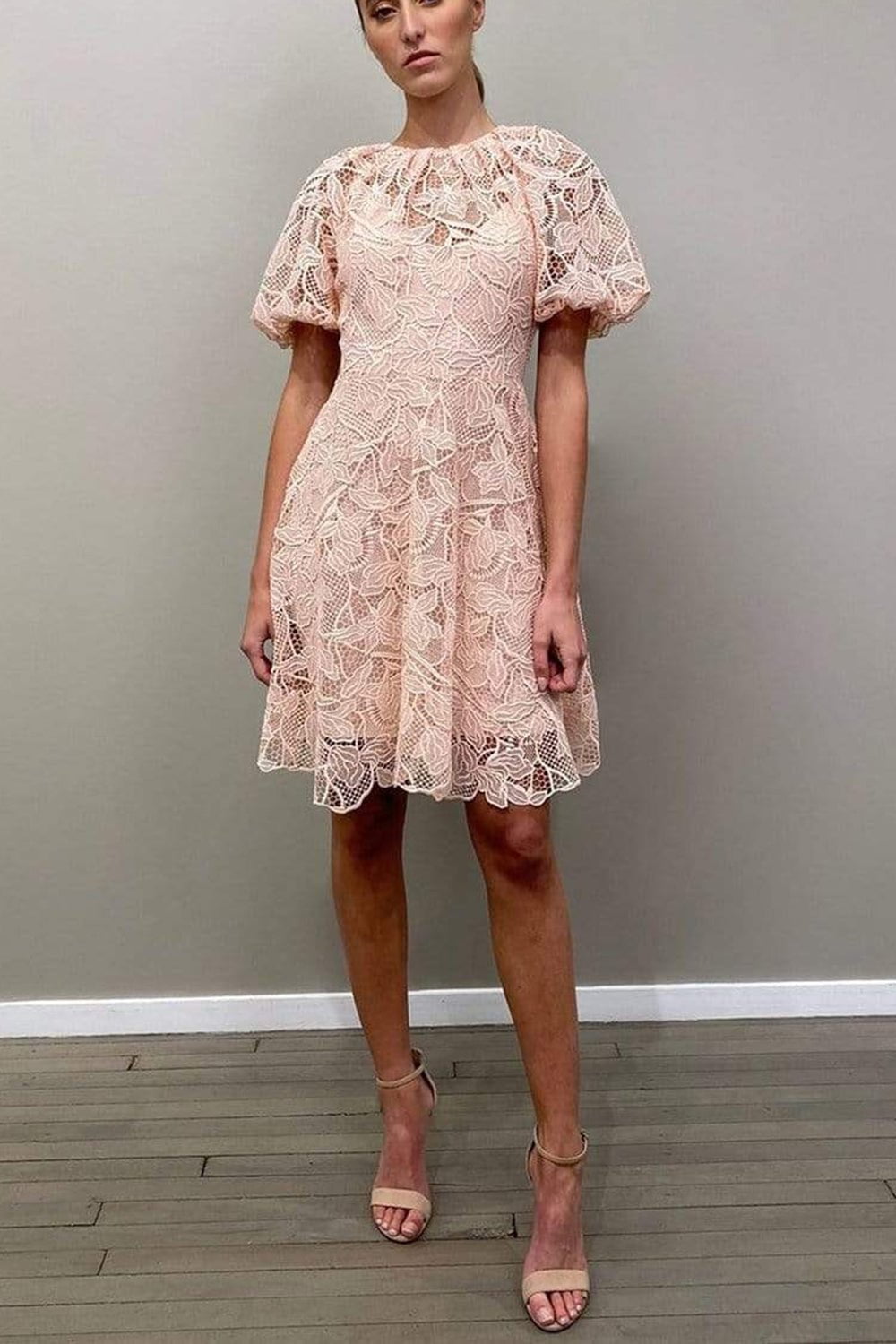MONIQUE LHUILLIER-Jewel Neckline Puff Sleeve Dress-