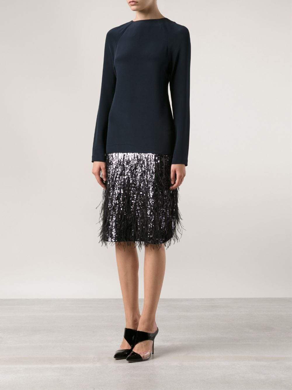 MONIQUE LHUILLIER-Feather Trim Dress-