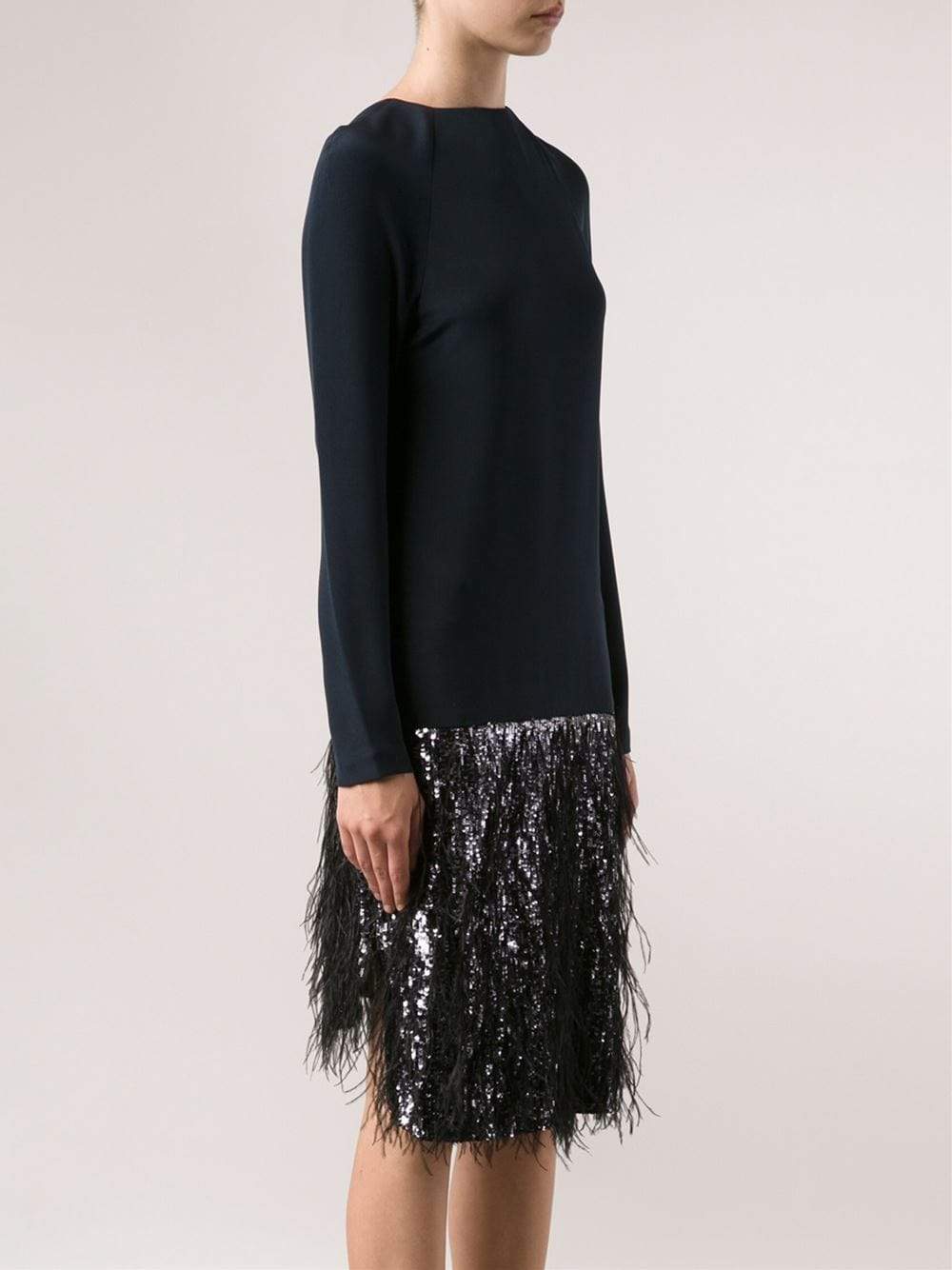 MONIQUE LHUILLIER-Feather Trim Dress-