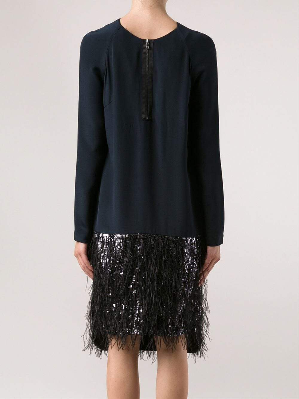 MONIQUE LHUILLIER-Feather Trim Dress-