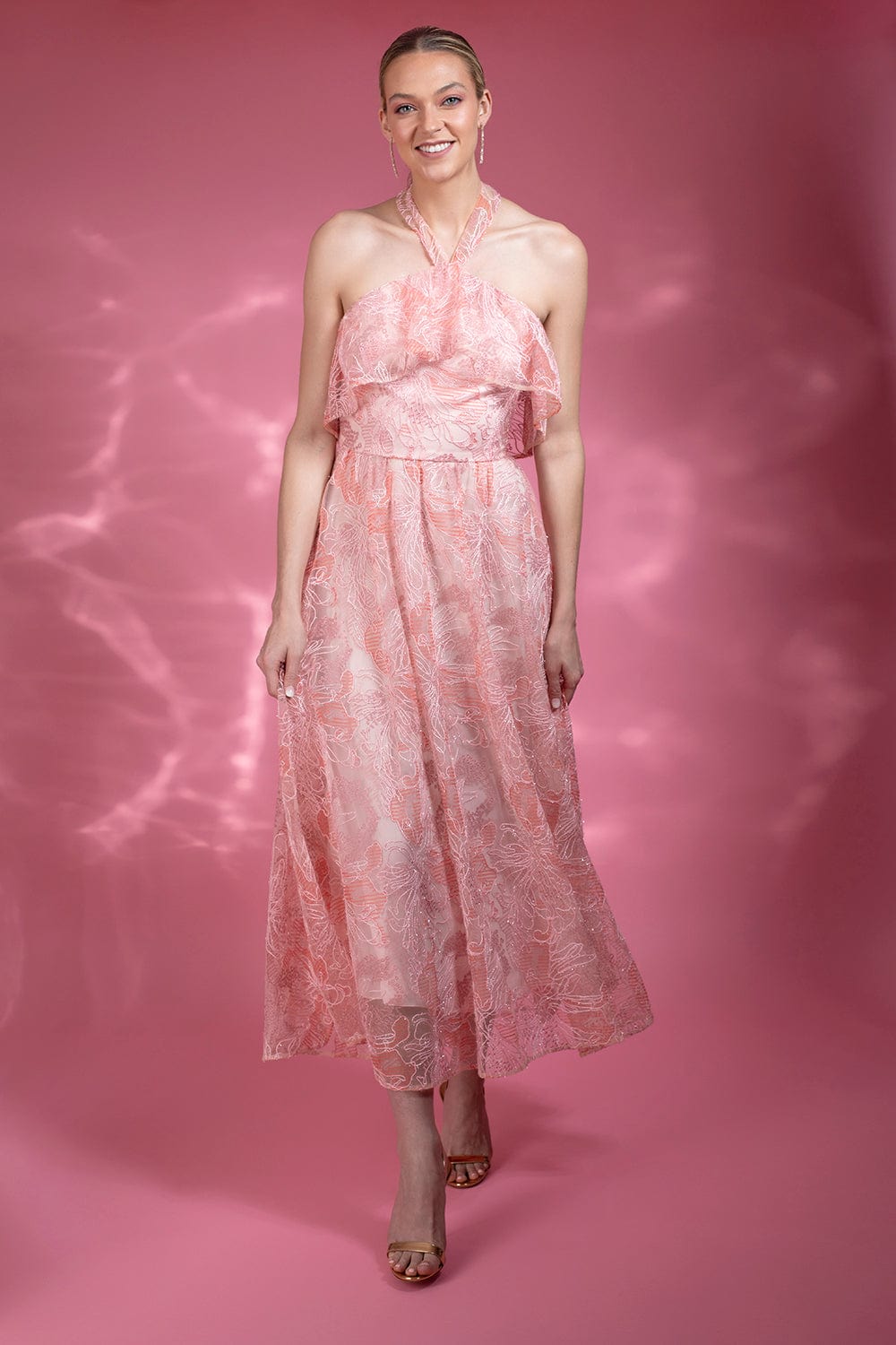 MONIQUE LHUILLIER-Halter Ruffle Cocktail Dress-PNK/BLSH 