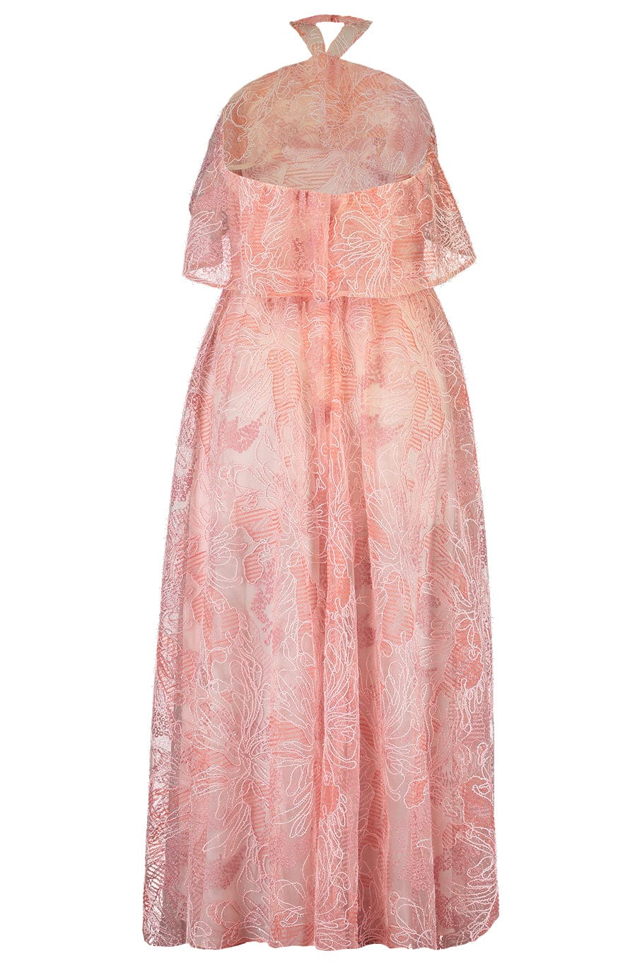  MONIQUE LHUILLIER-Halter Ruffle Cocktail Dress-PNK/BLSH 
