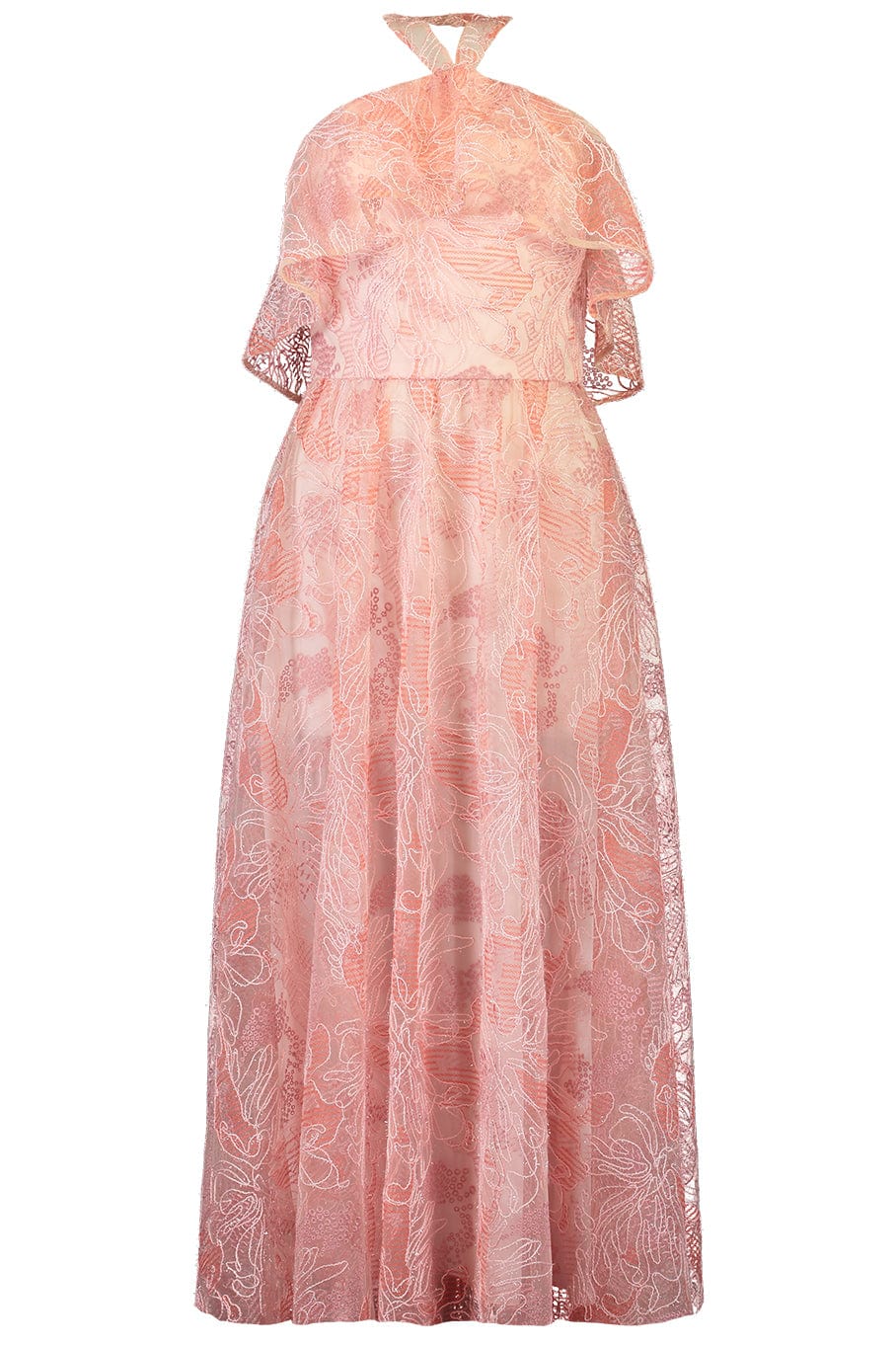  MONIQUE LHUILLIER-Halter Ruffle Cocktail Dress-PNK/BLSH 