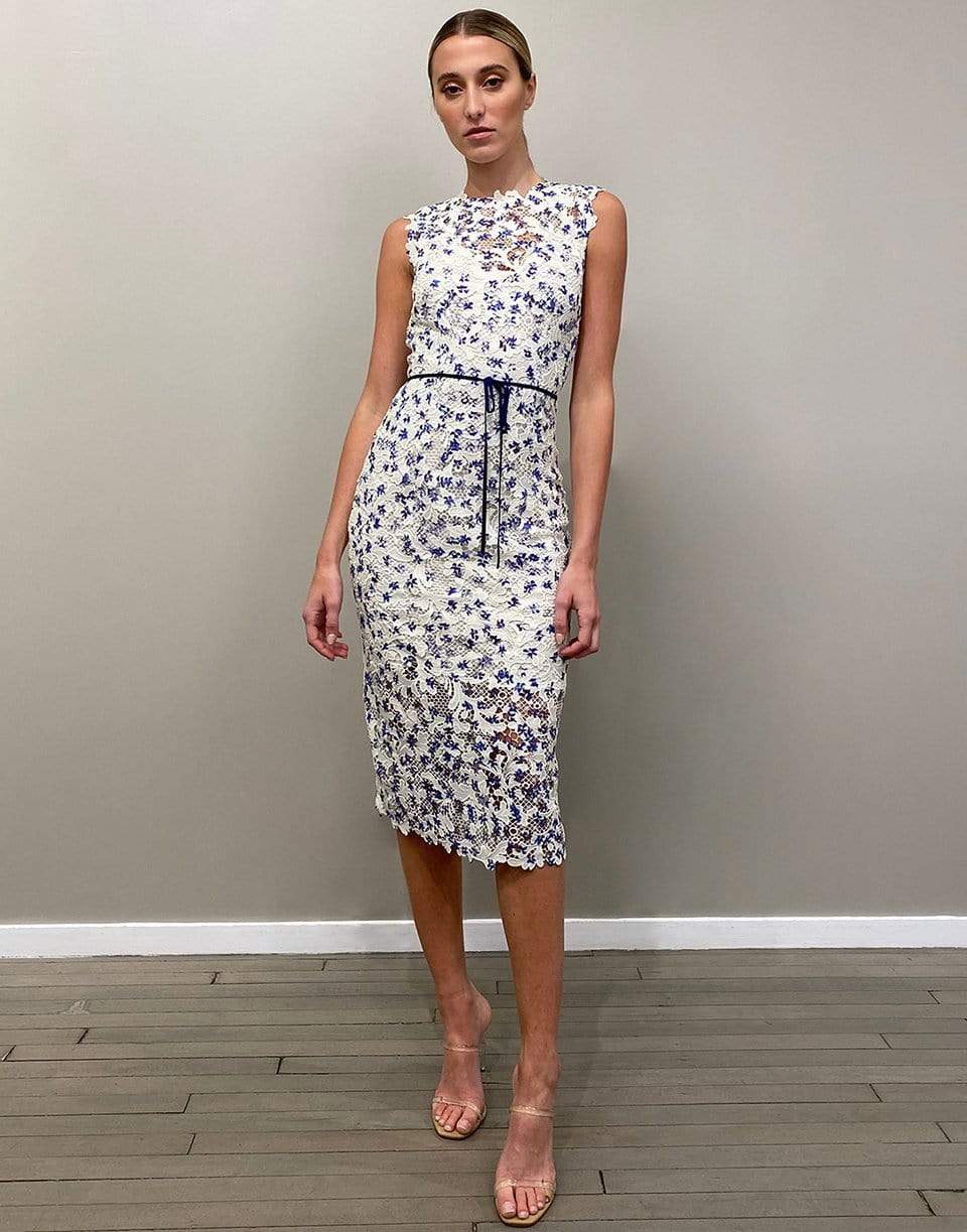 MONIQUE LHUILLIER-Floral Print Guipure Sheath Dress-