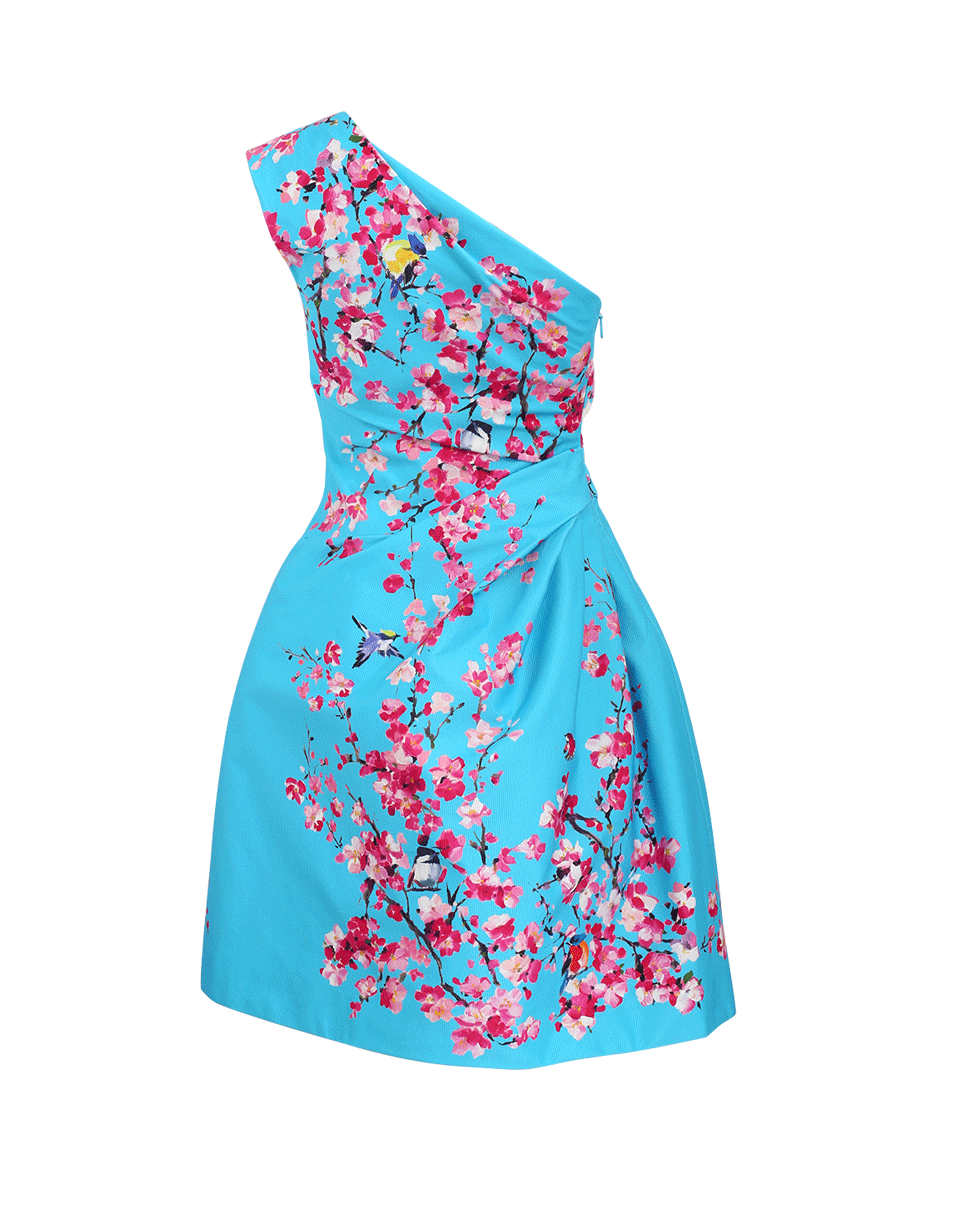 MONIQUE LHUILLIER-One Shoulder Floral Dress-AQUAMARINE