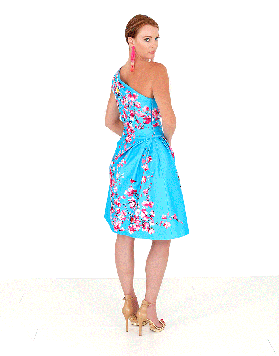 MONIQUE LHUILLIER-One Shoulder Floral Dress-AQUAMARINE