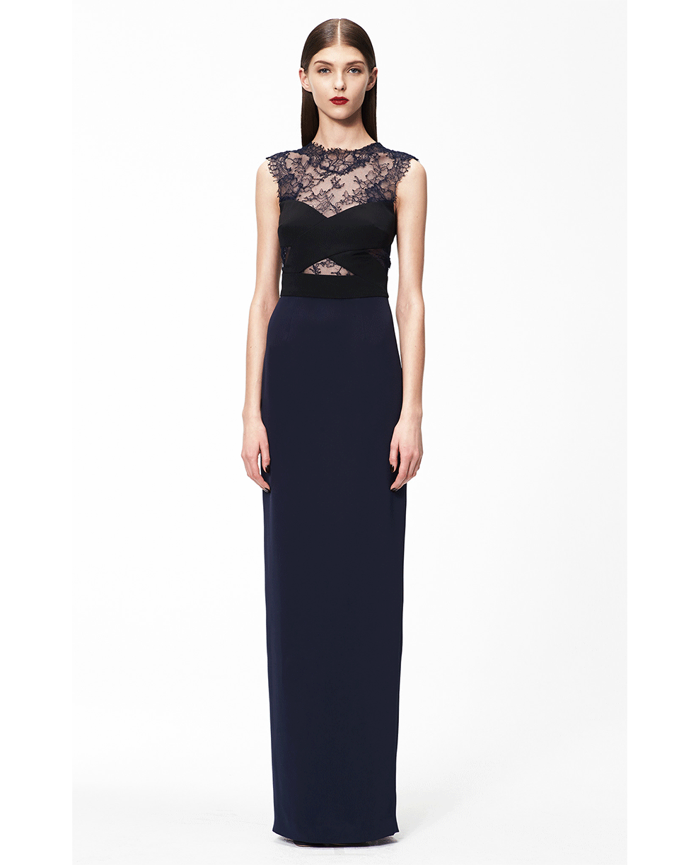 MONIQUE LHUILLIER-Lace Illusion Top Column Gown-MIDNIGHT