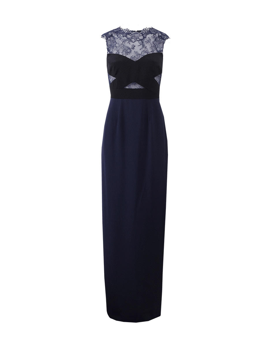 MONIQUE LHUILLIER-Lace Illusion Top Column Gown-MIDNIGHT