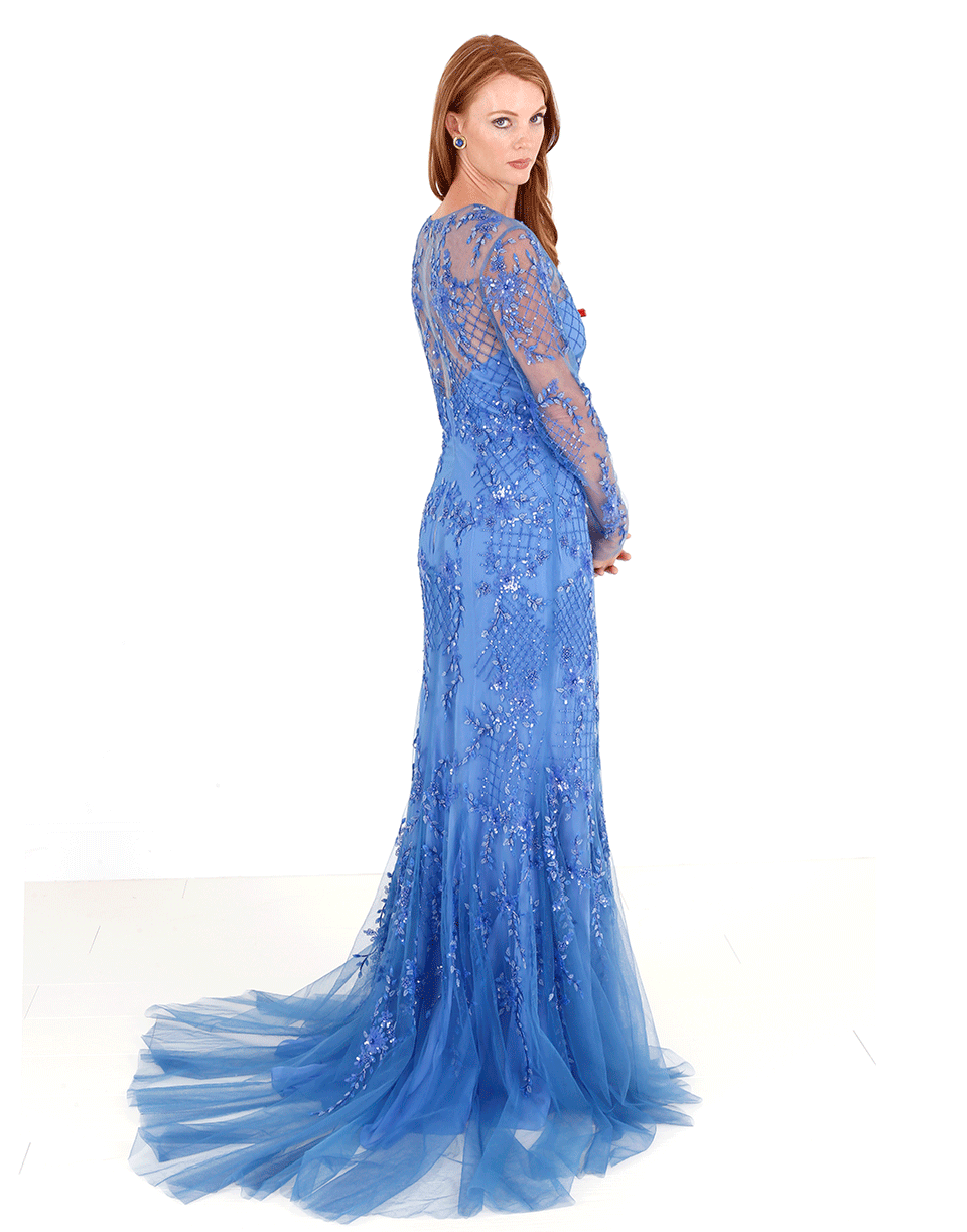 MONIQUE LHUILLIER-Embroidered Illusion Gown-PERIWNKL