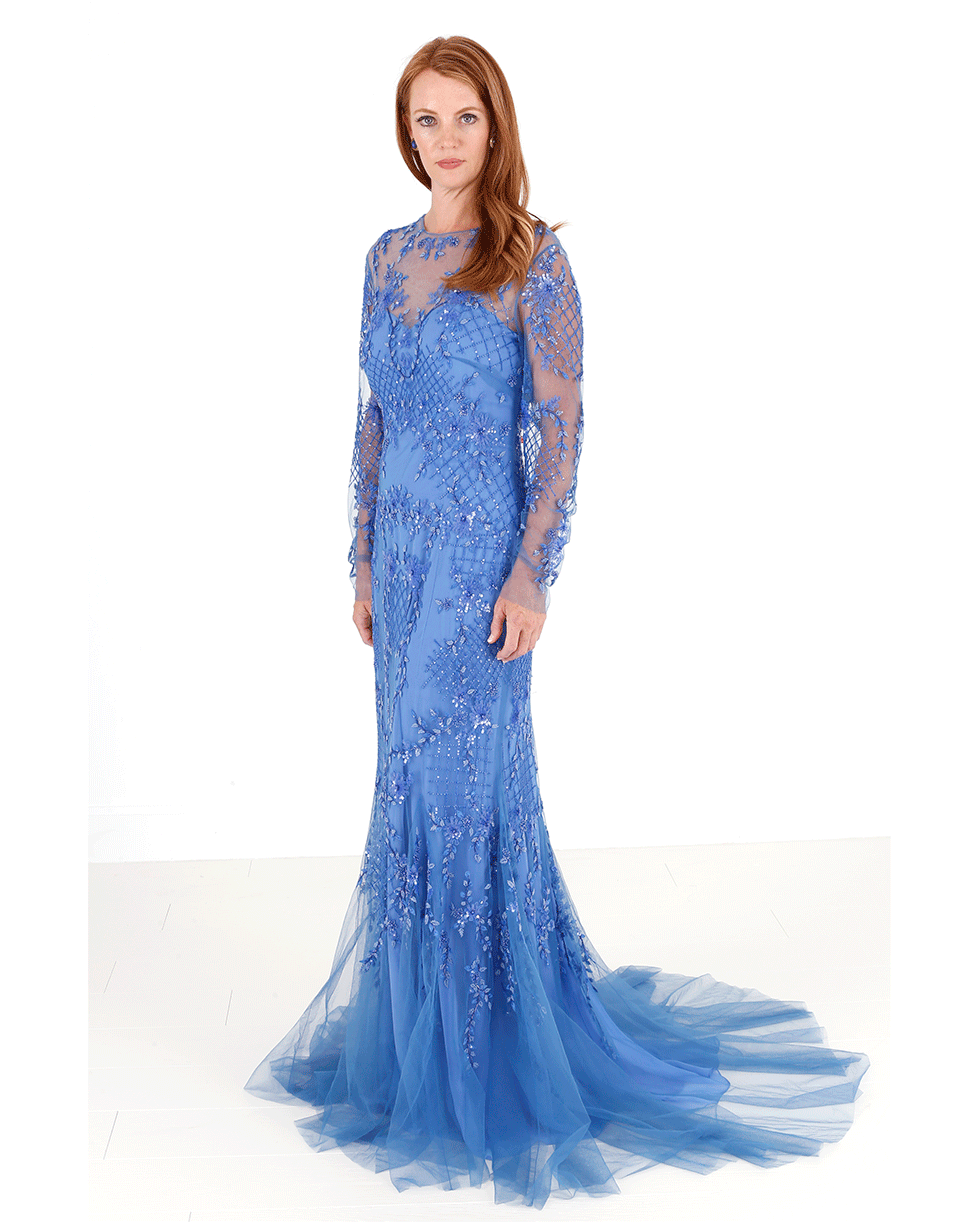 MONIQUE LHUILLIER-Embroidered Illusion Gown-PERIWNKL