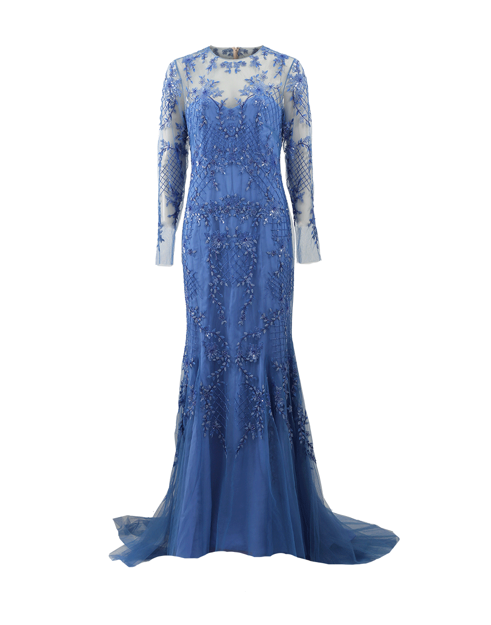 MONIQUE LHUILLIER-Embroidered Illusion Gown-PERIWNKL