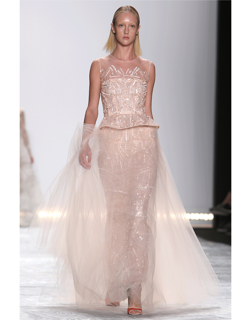 MONIQUE LHUILLIER-Embroidered Peplum Gown-PETAL