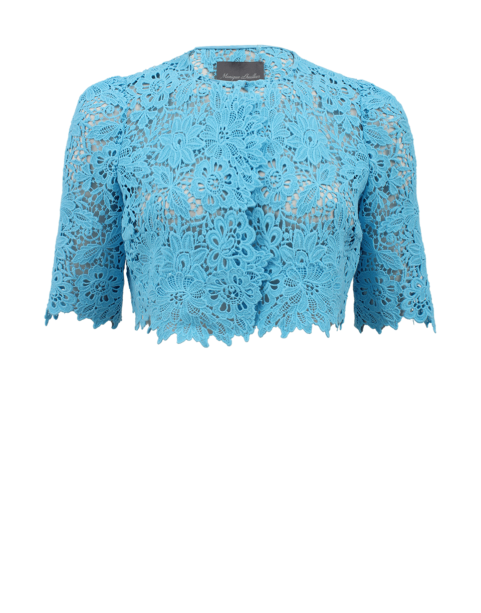 MONIQUE LHUILLIER-Cropped Guipure Lace Cape-SKYBLUE